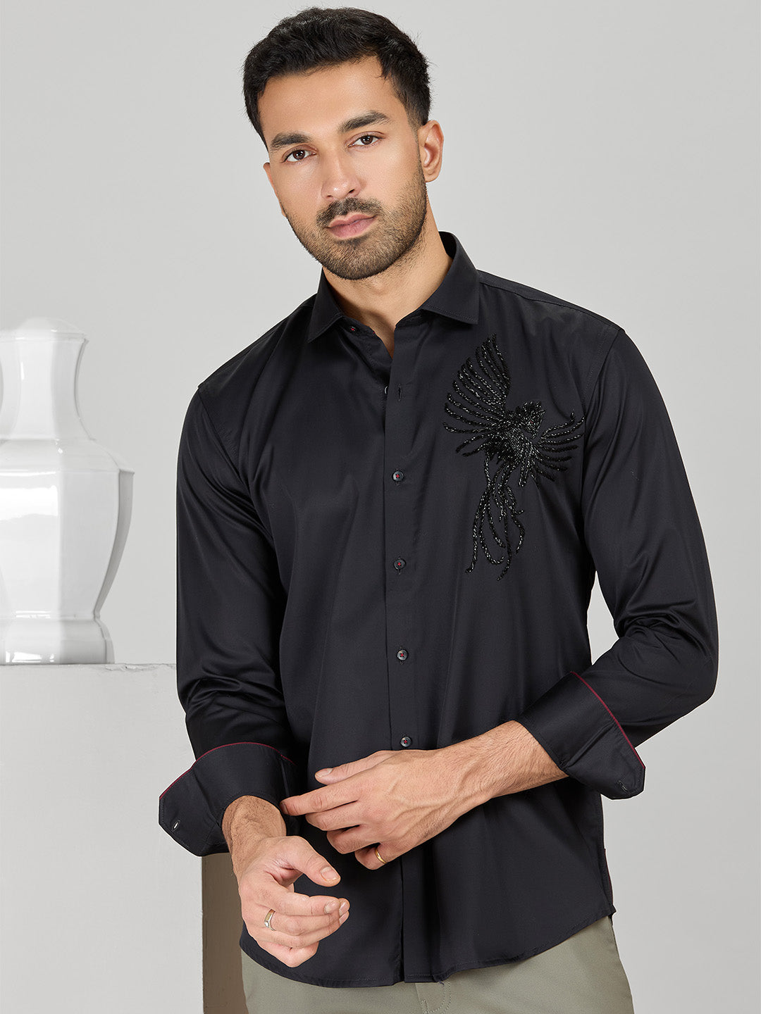 Black Slim Fit Shirt with Contemporary Embroidery Accents
