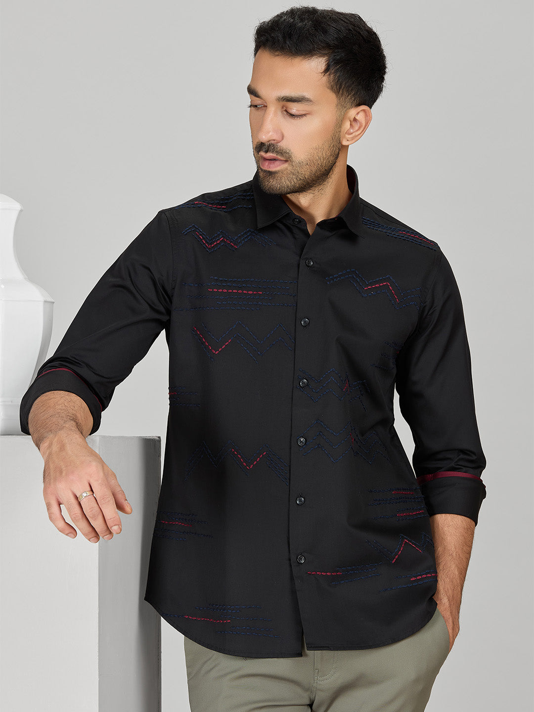 Black Zigzag Embroidered Cotton Shirt for Men