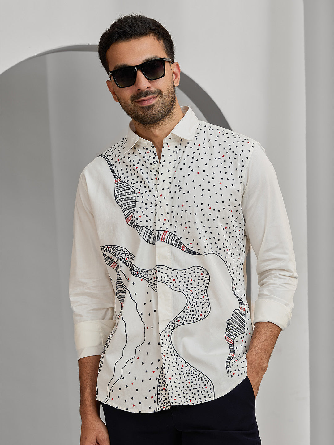Cream Abstract Printed Cotton Shirt for Men