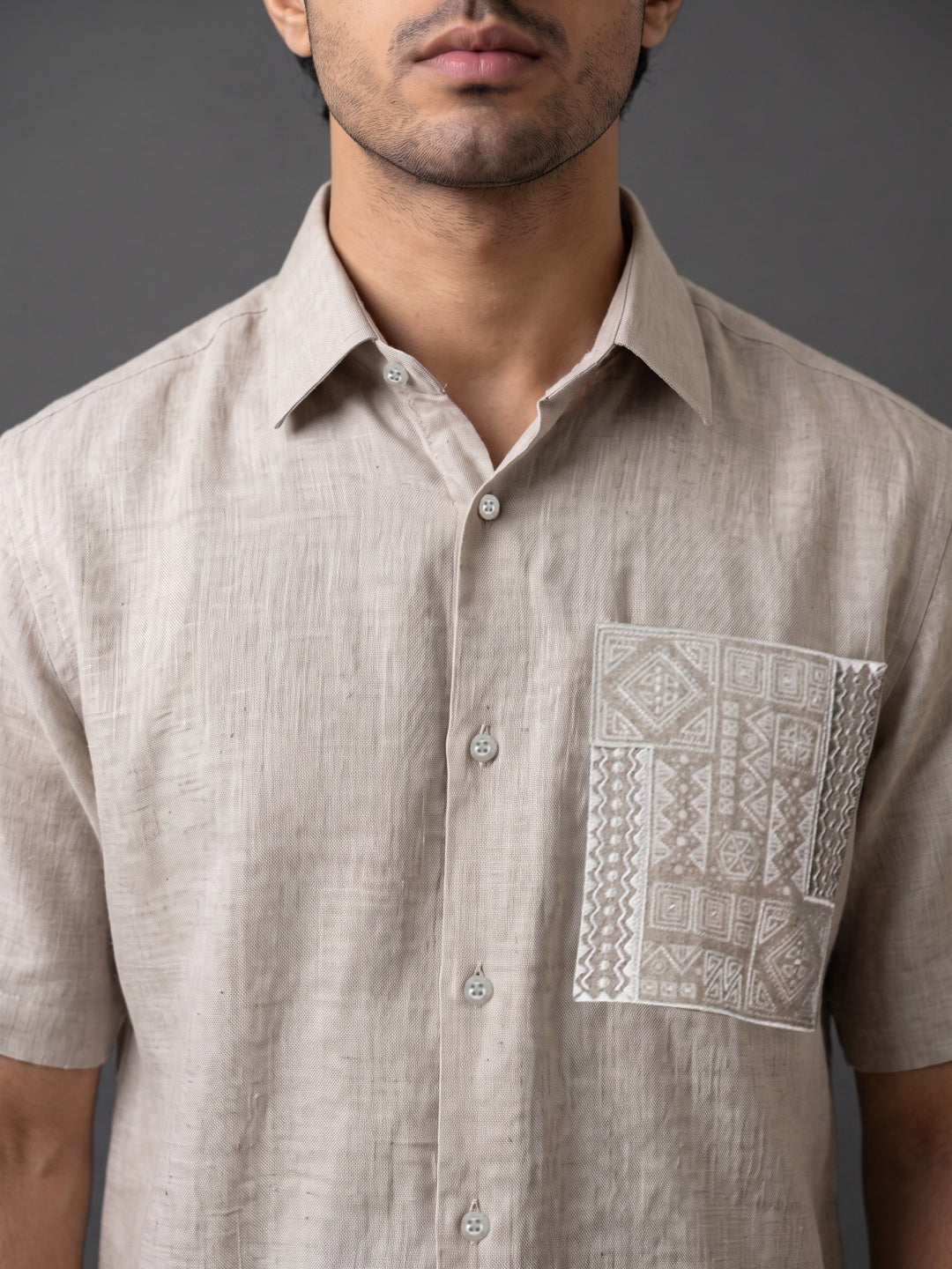 Dark Natural Linen Regular Fit Half-Sleeve Shirt with Aplic work