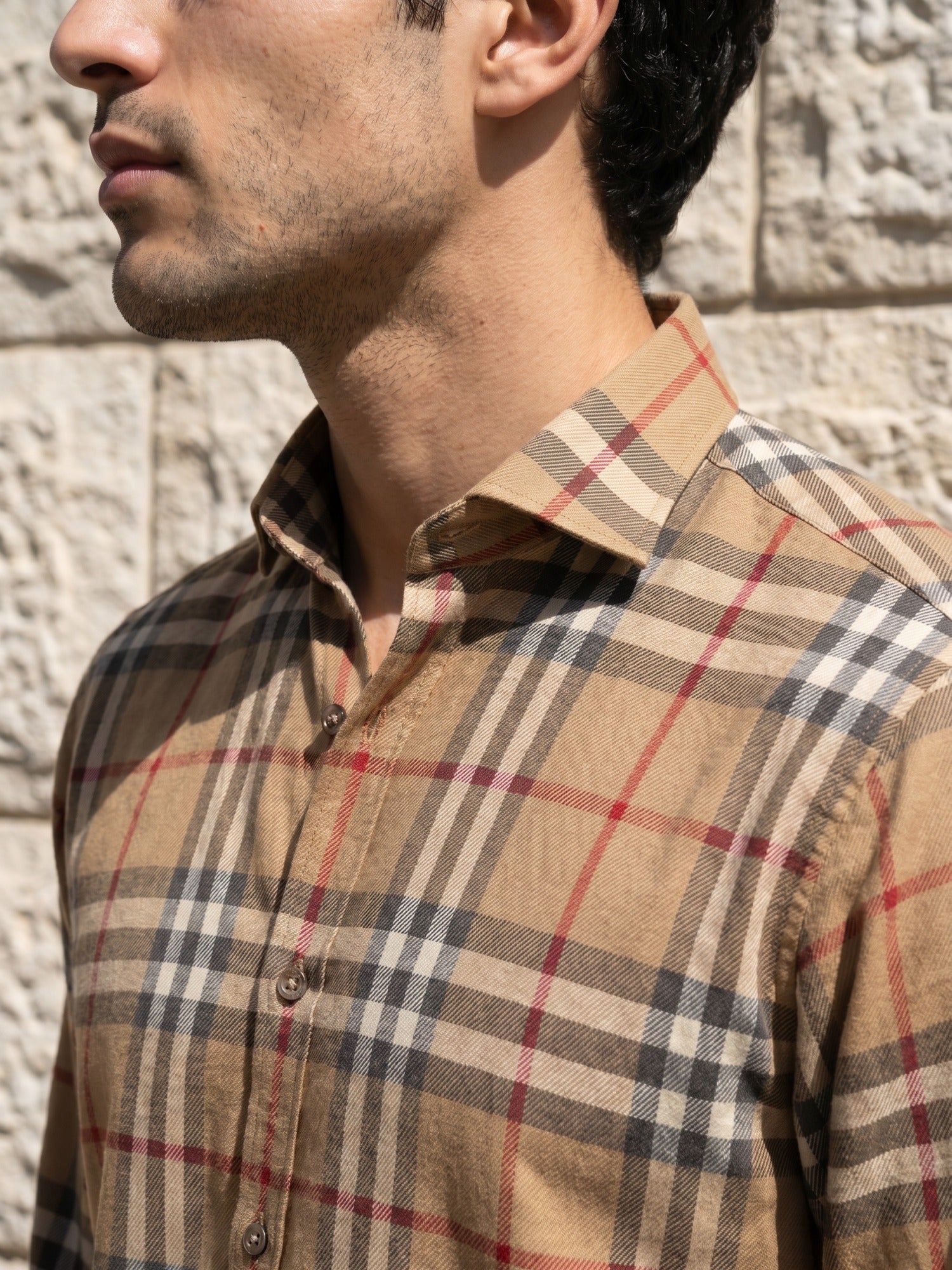 Classic Khaki Checks Cotton Slim Fit Shirt For Men