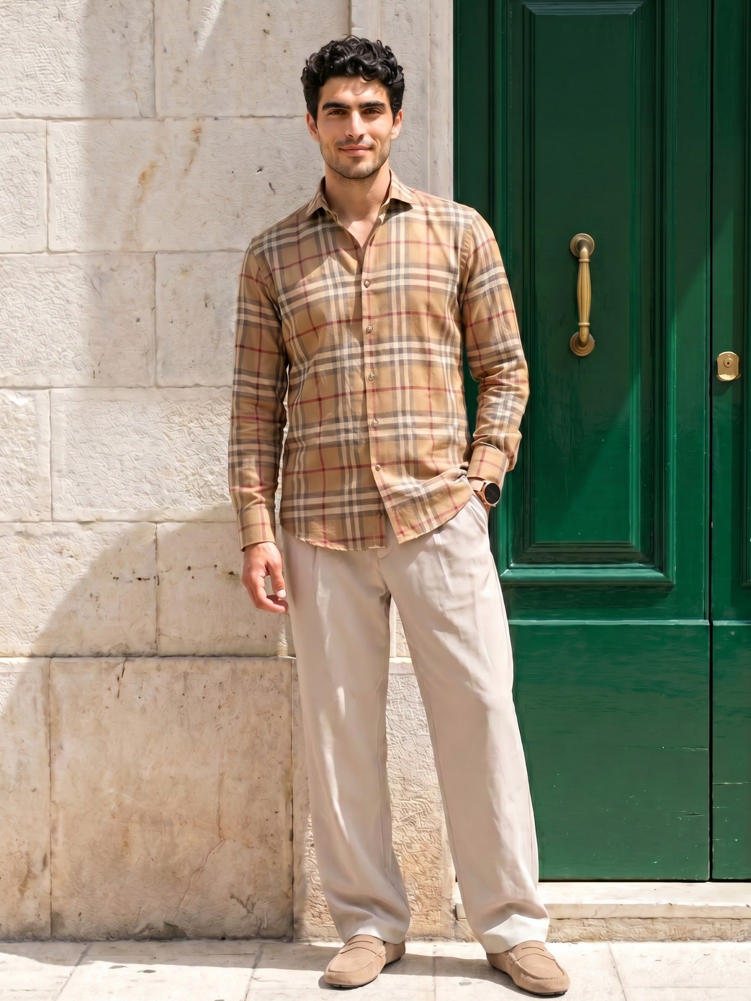 Classic Khaki Checks Cotton Slim Fit Shirt For Men