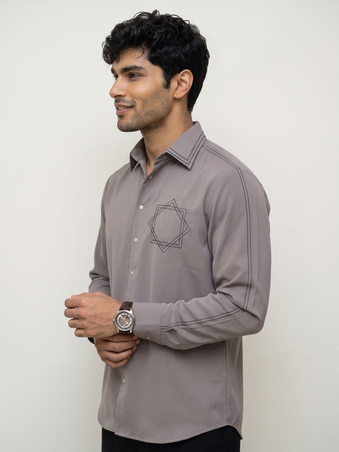Earth Tone Japanese-Boomariyo Slim Fit Cut & Sew Shirt with Geometric Star Embroidery