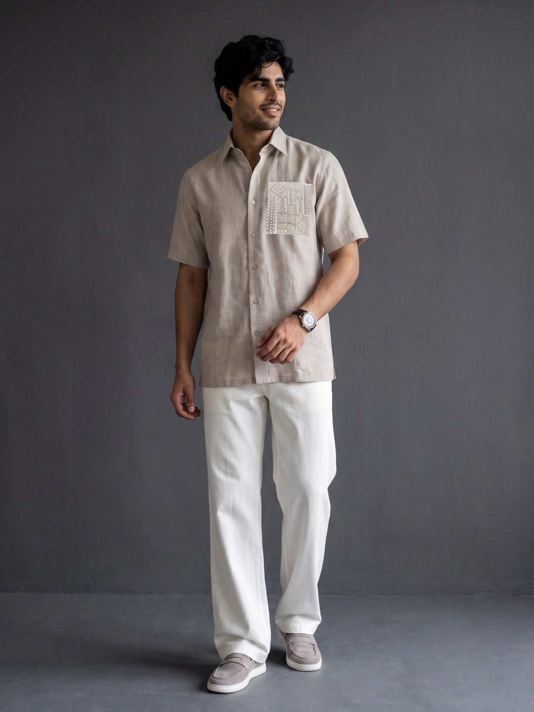 Dark Natural Linen Regular Fit Half-Sleeve Shirt with Aplic work