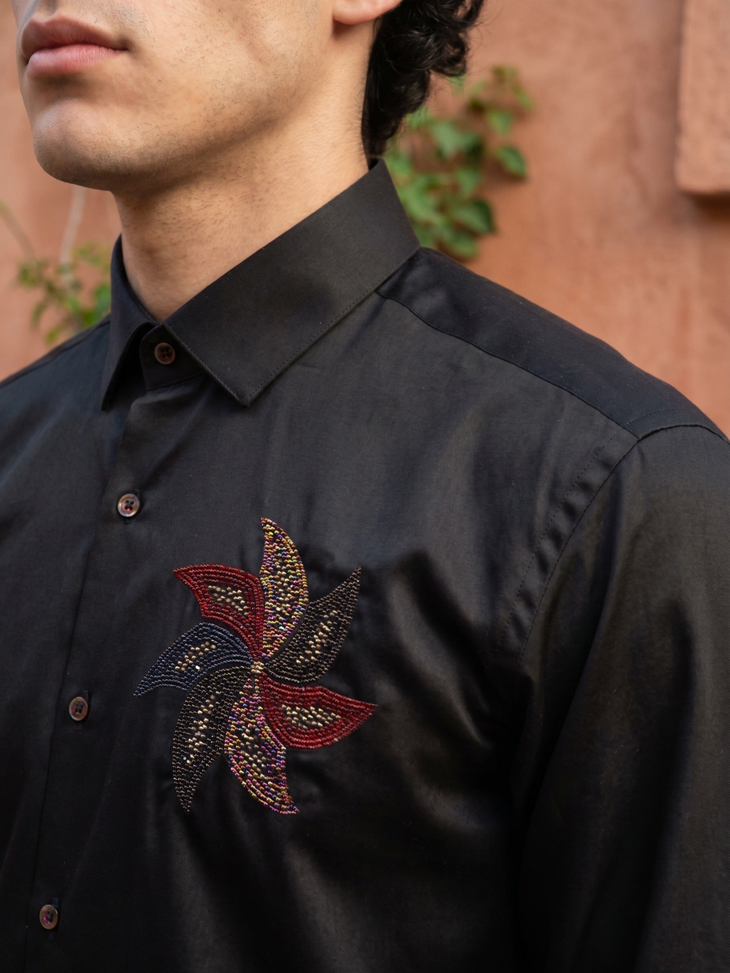 Black Pin Wheel Embroidered Cotton Slim Fit Shirt For Men