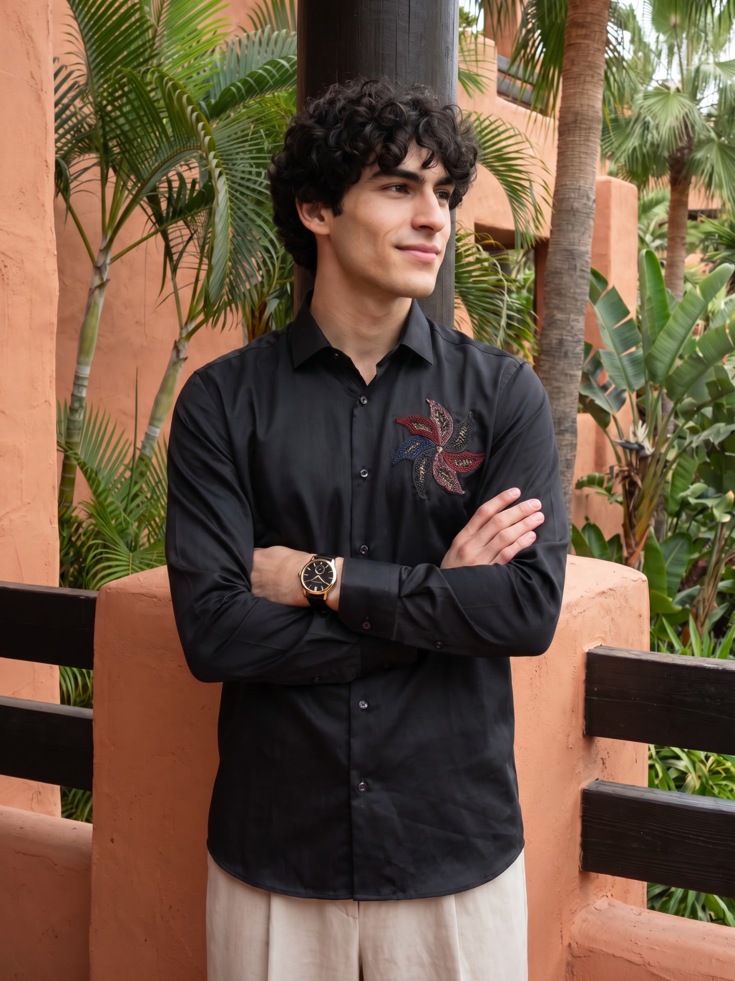 Black Pin Wheel Embroidered Cotton Slim Fit Shirt For Men