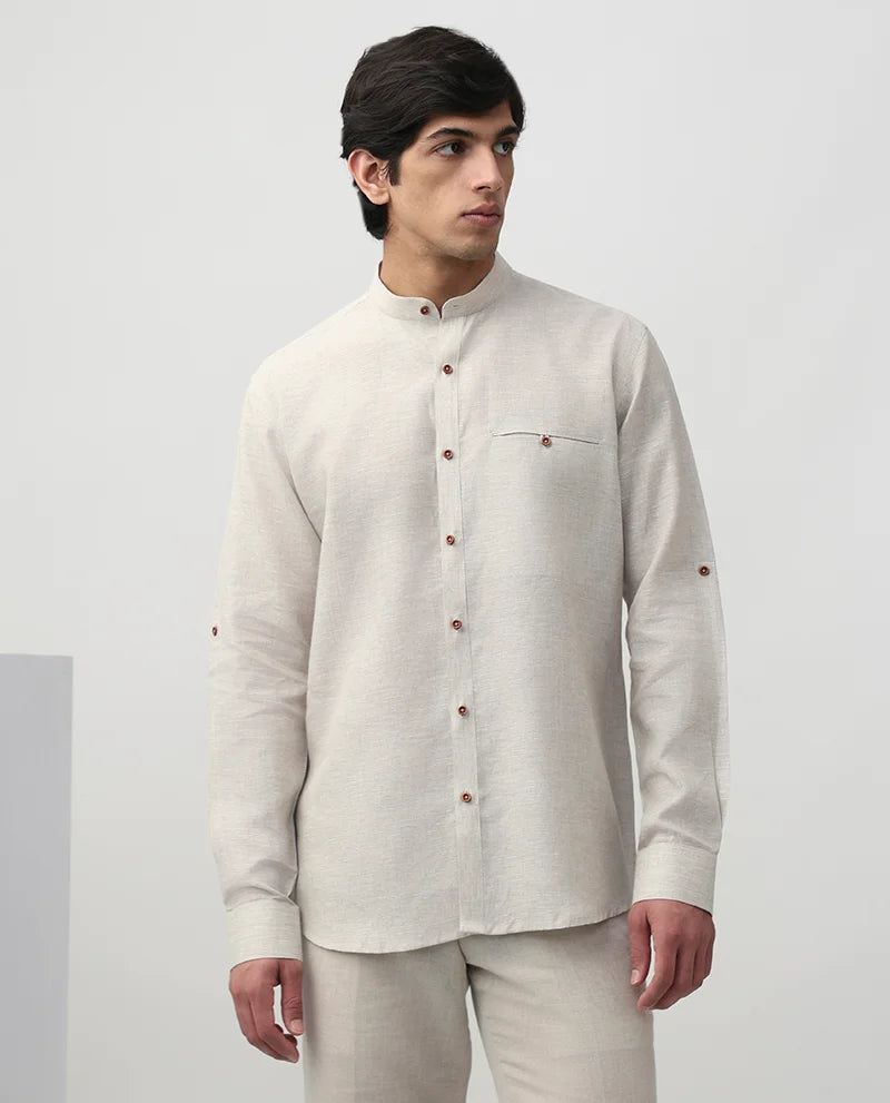 Natural Plain Linen Men's Premium Chinese Collar Branded Shirt