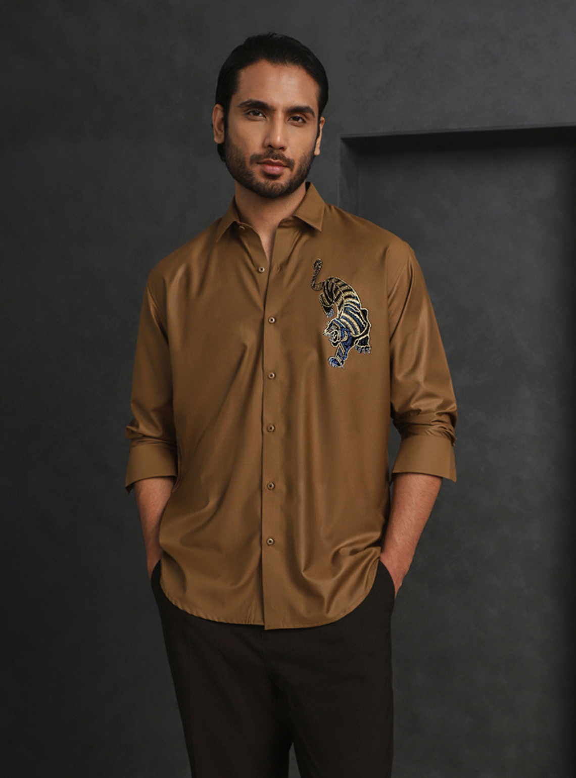Light Brown Slim Fit Terry Rayon Shirt with Elegant Embroidery