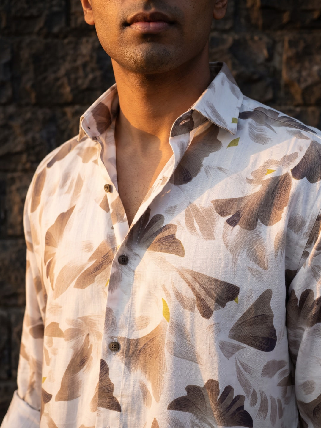 Light Brown Tencel Slim Fit Printed Shirt