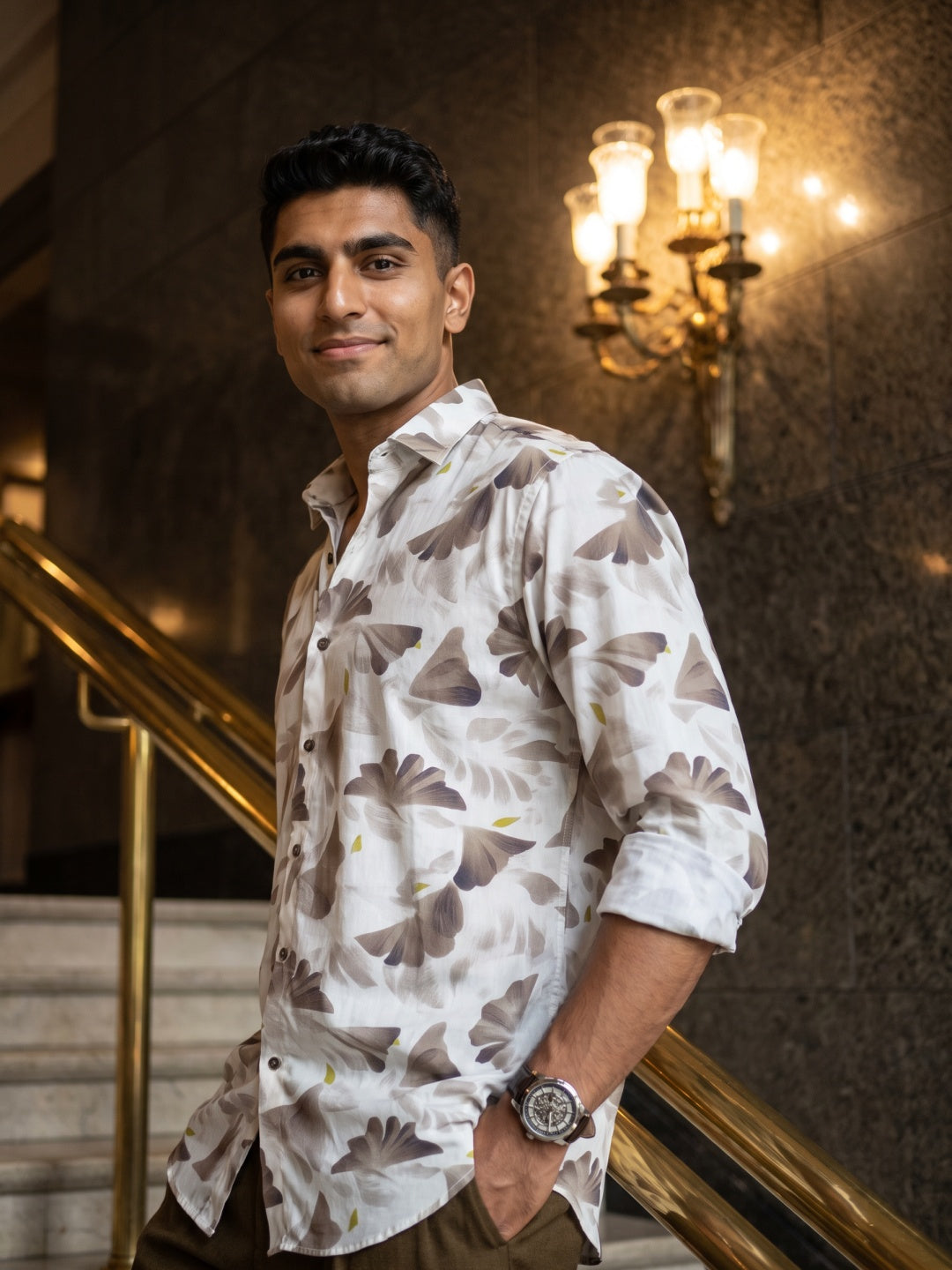 Light Brown Tencel Slim Fit Printed Shirt