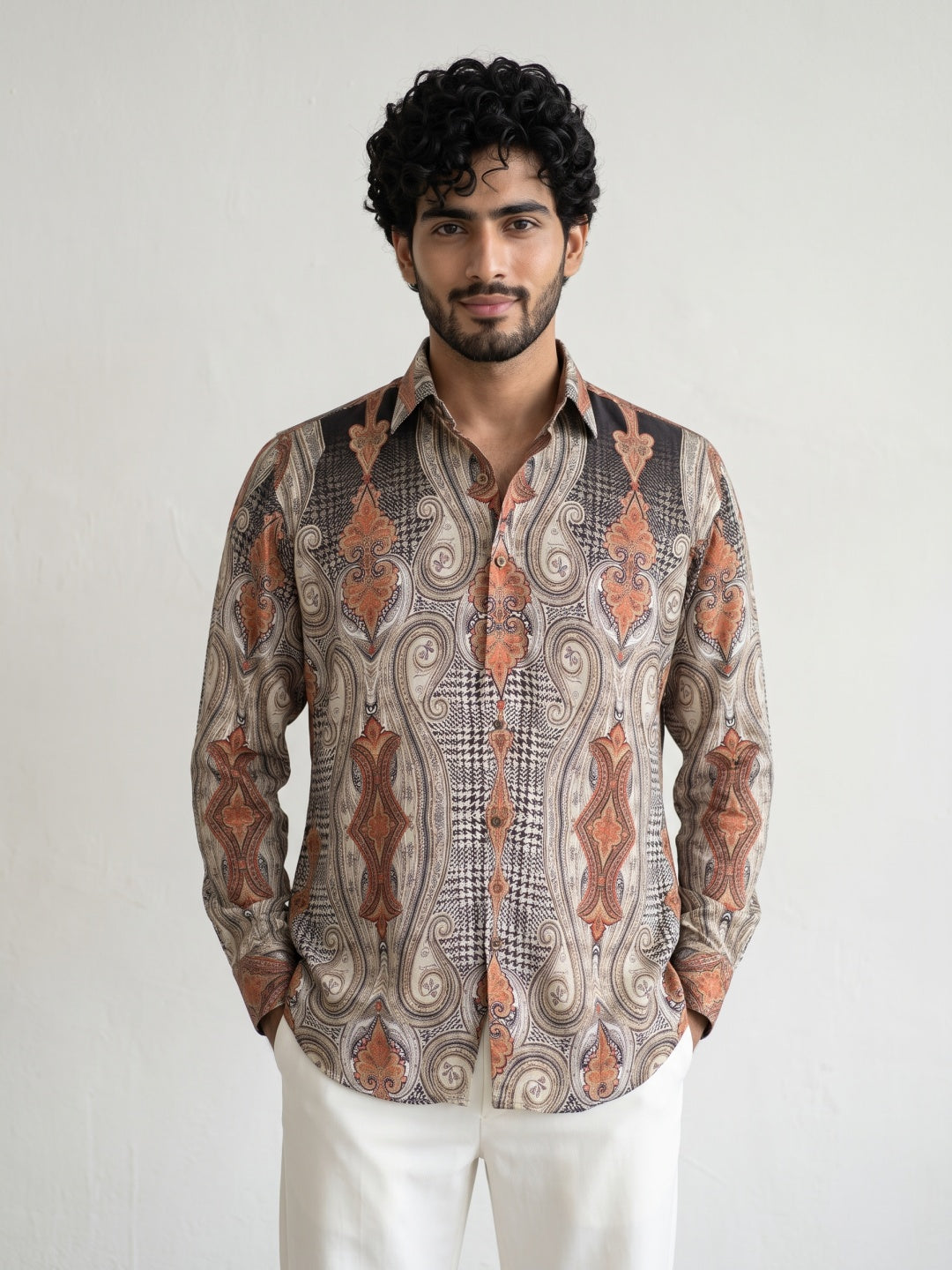 Light Brown Tencel Slim Fit Shirt with Damask Paisley Print