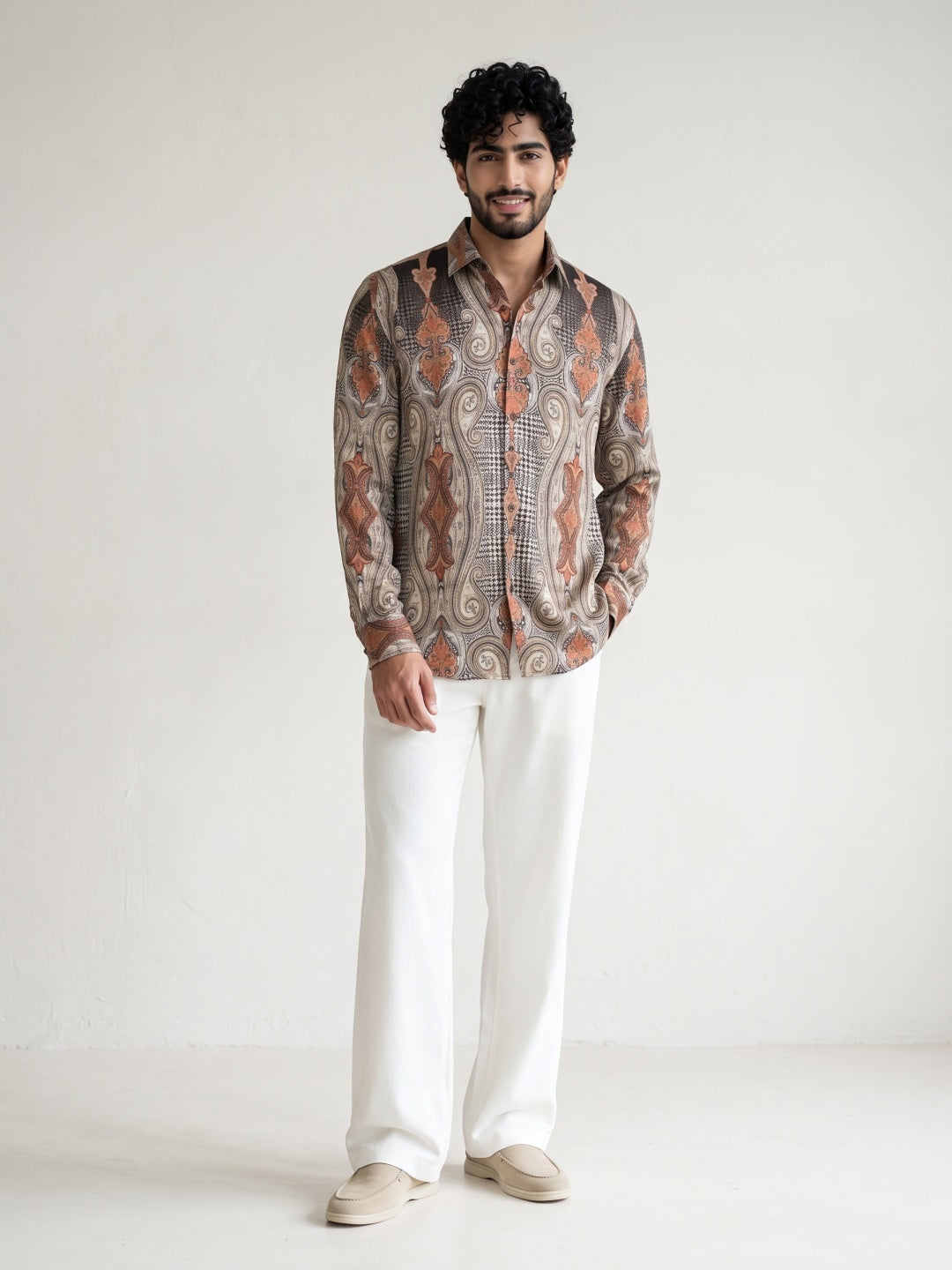 Light Brown Tencel Slim Fit Shirt with Damask Paisley Print
