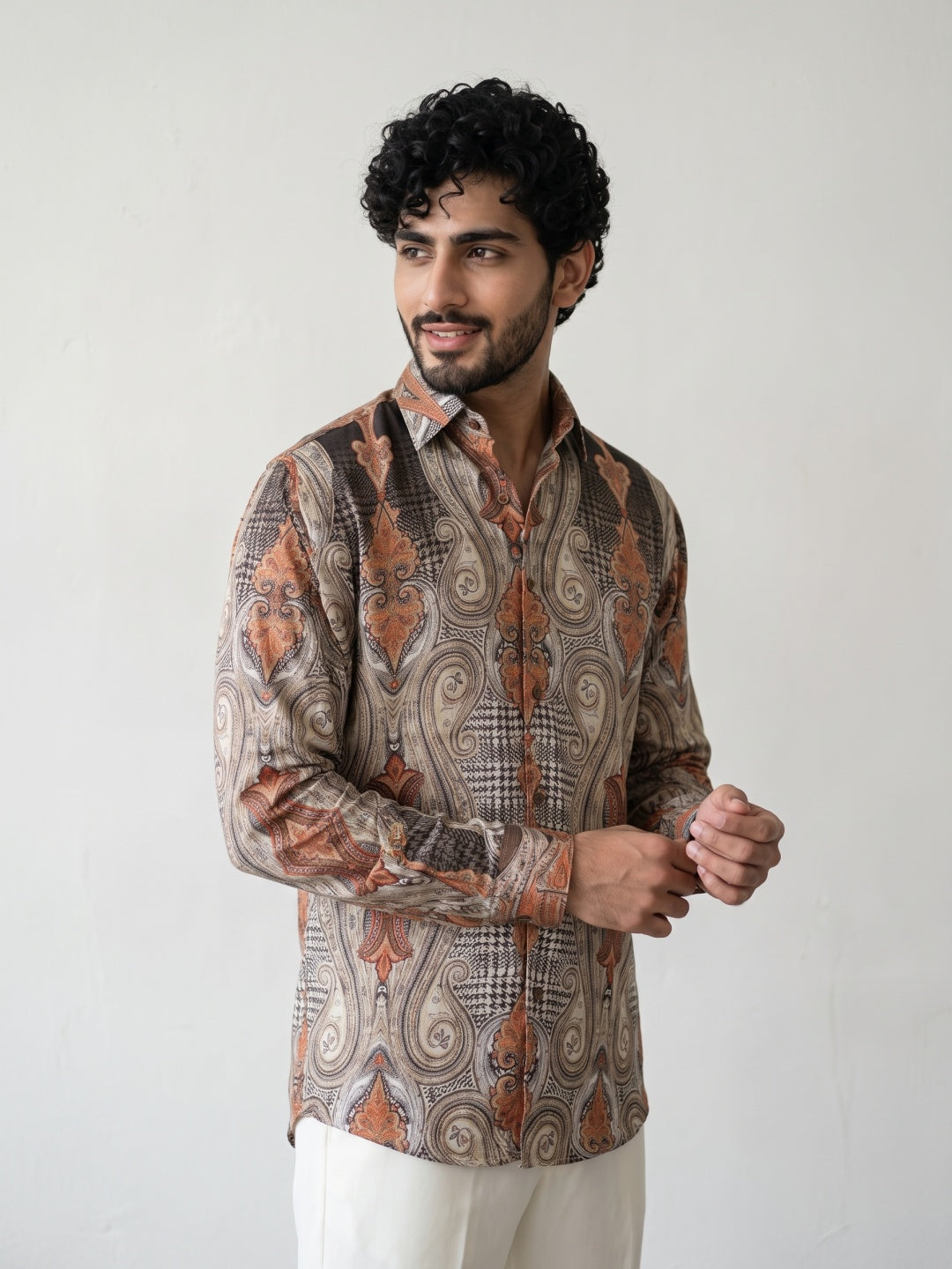 Light Brown Tencel Slim Fit Shirt with Damask Paisley Print