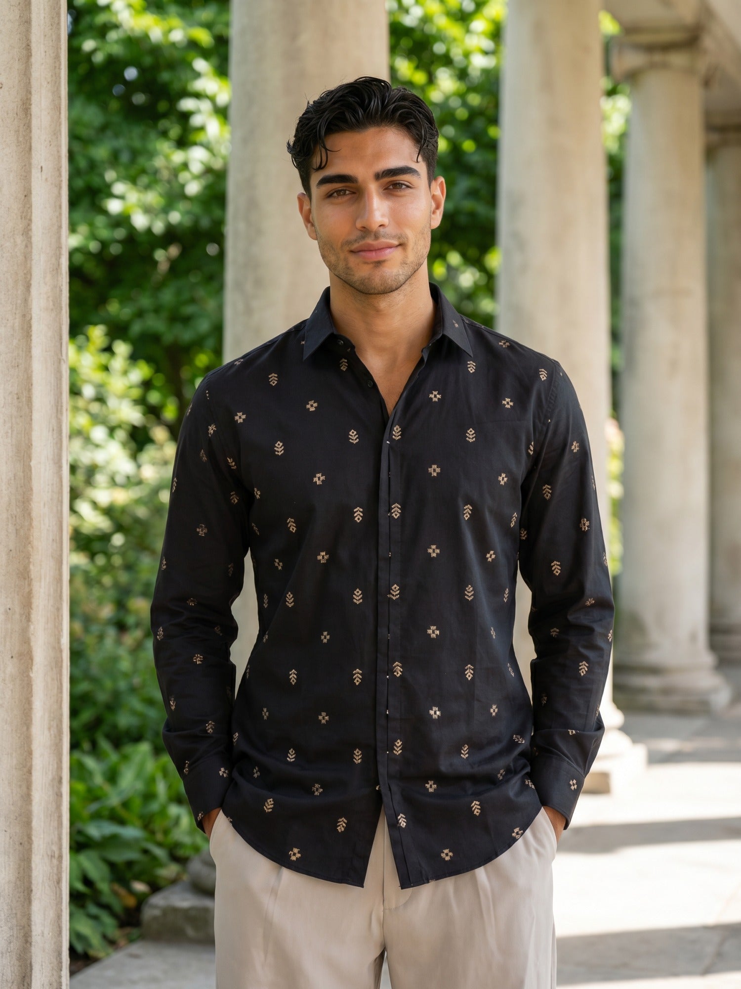Black Embroidered Cotton Cutaway Collar Shirt For Men