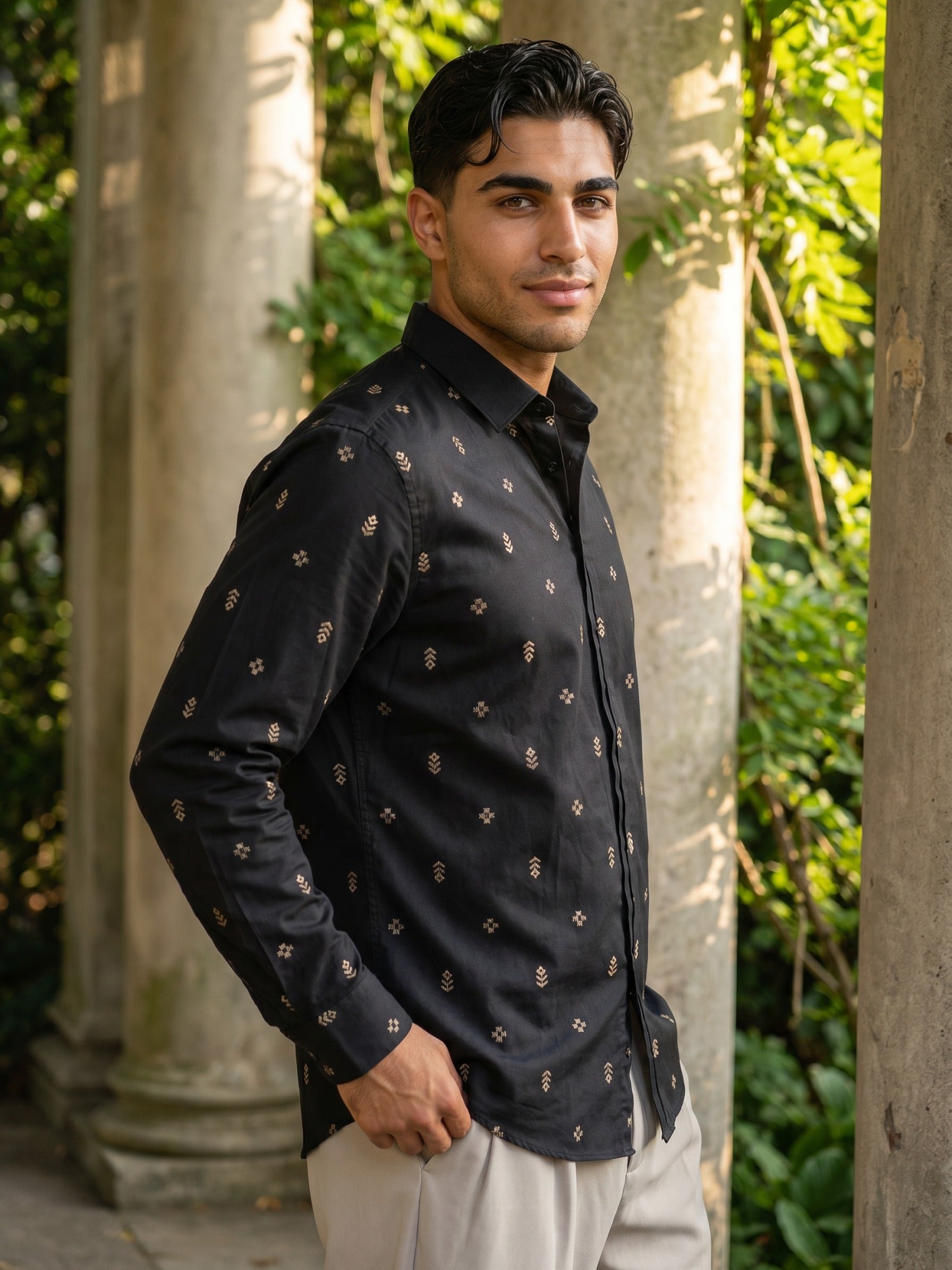 Black Embroidered Cotton Cutaway Collar Shirt For Men