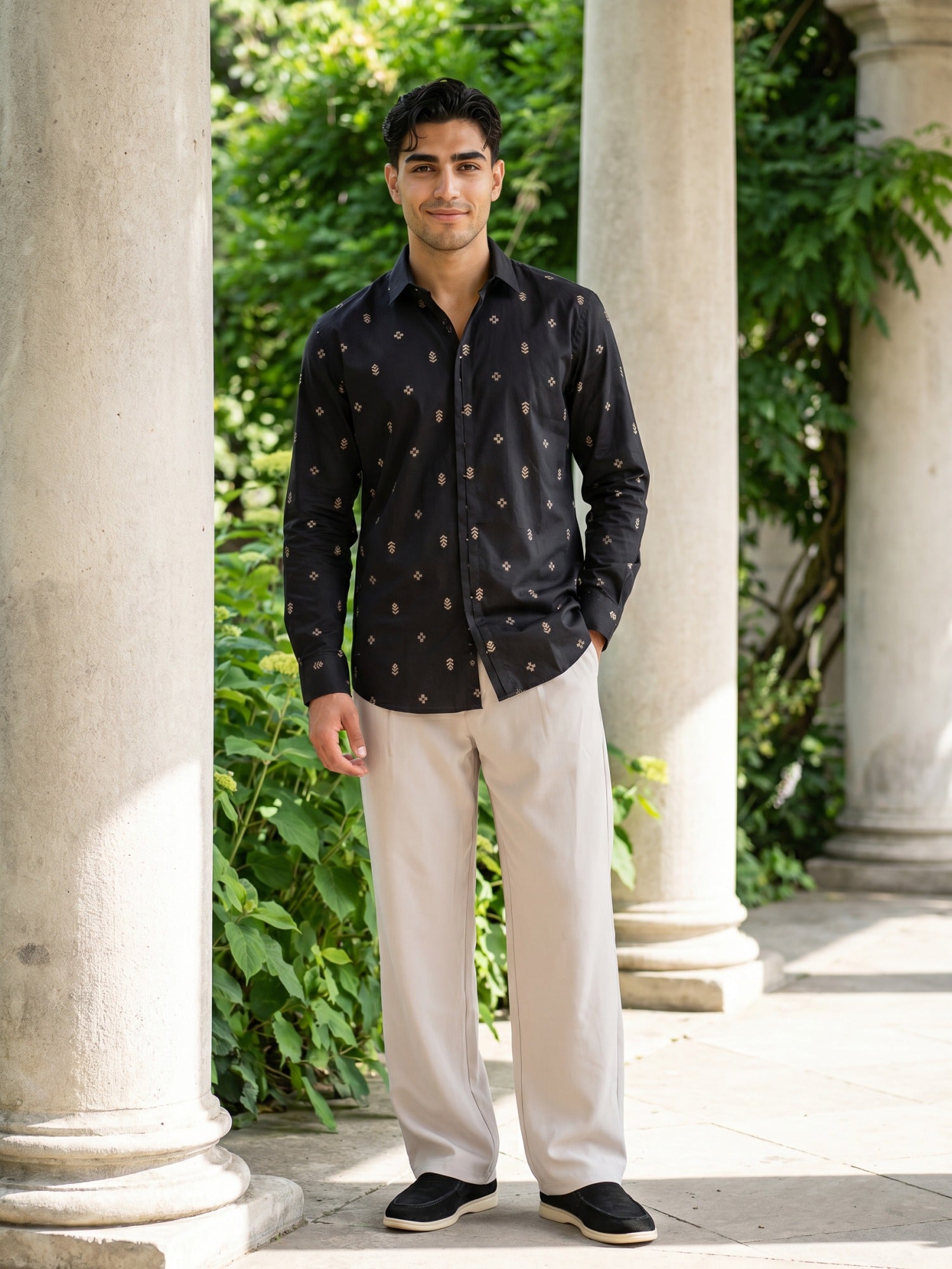 Black Embroidered Cotton Cutaway Collar Shirt For Men