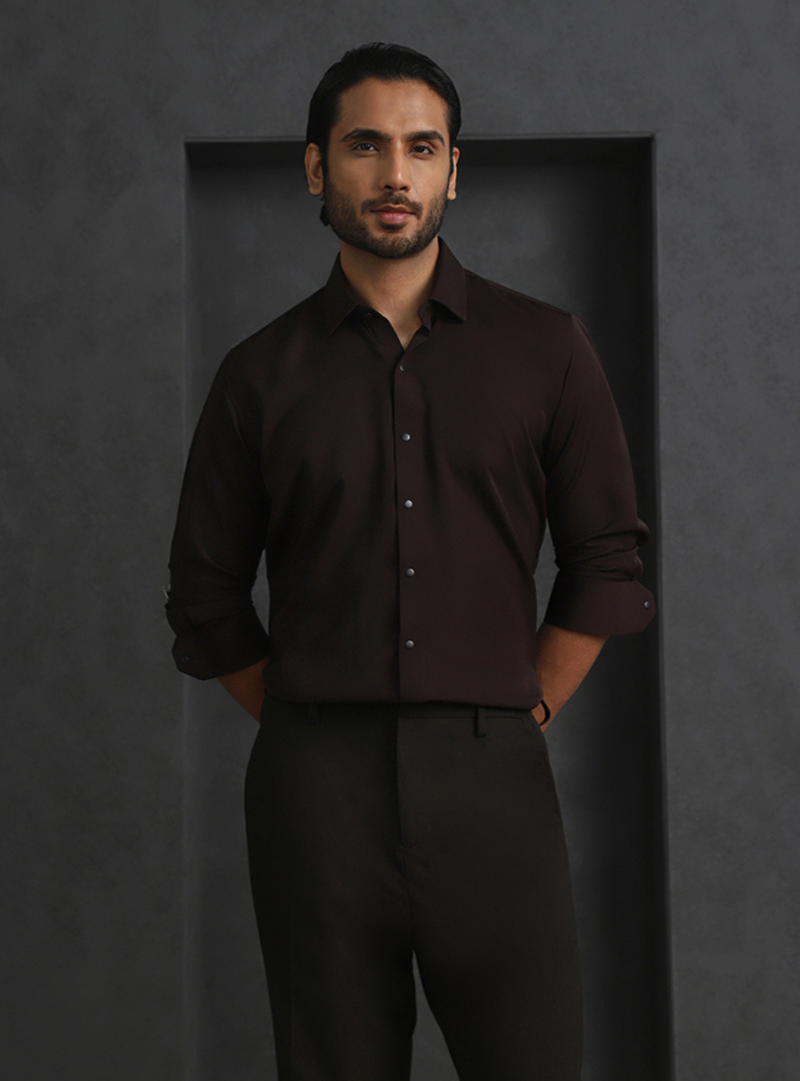 Dark Brown Slim Fit Stroma Shirt with Classic Plain Design