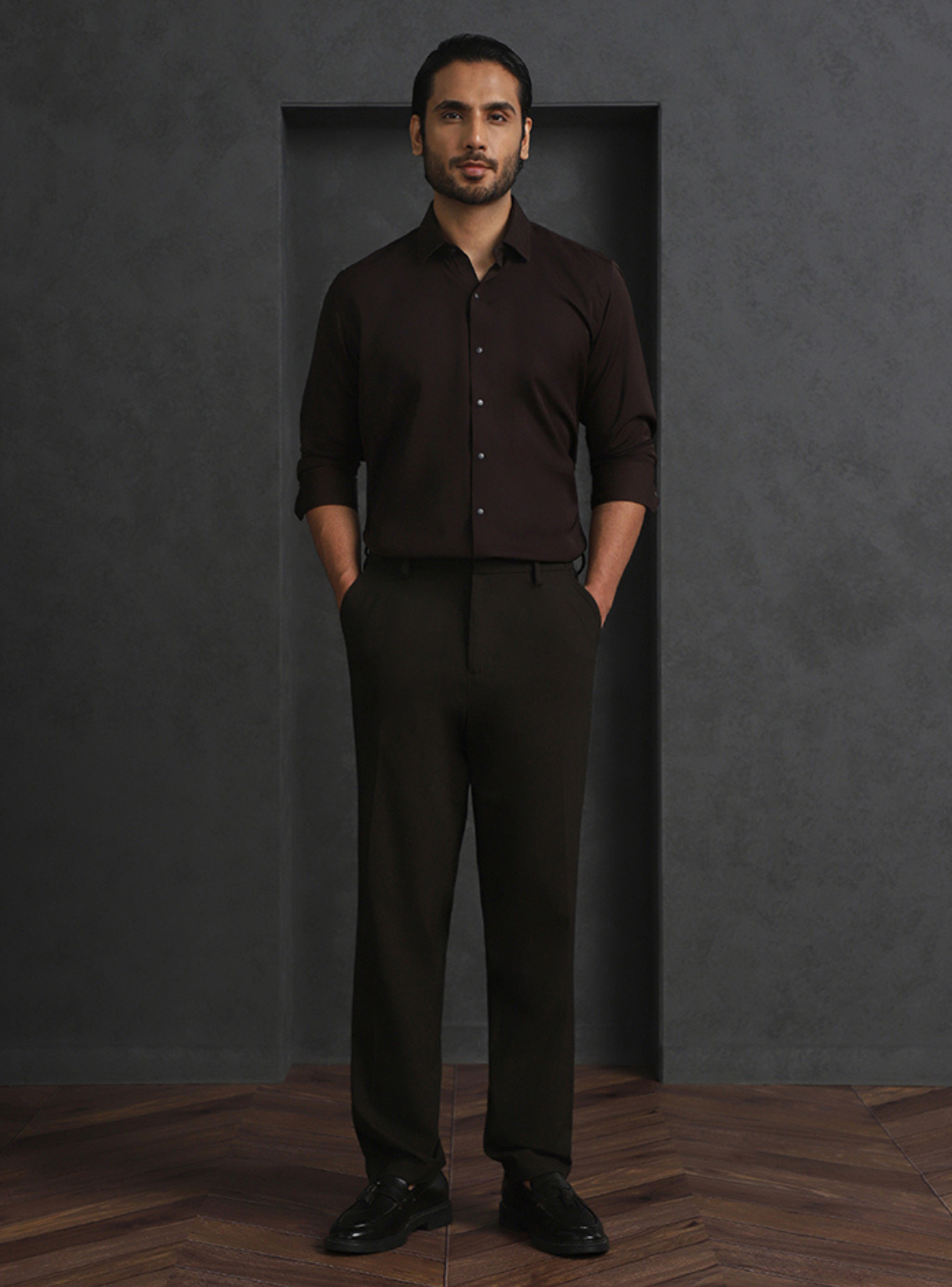 Dark Brown Slim Fit Stroma Shirt with Classic Plain Design