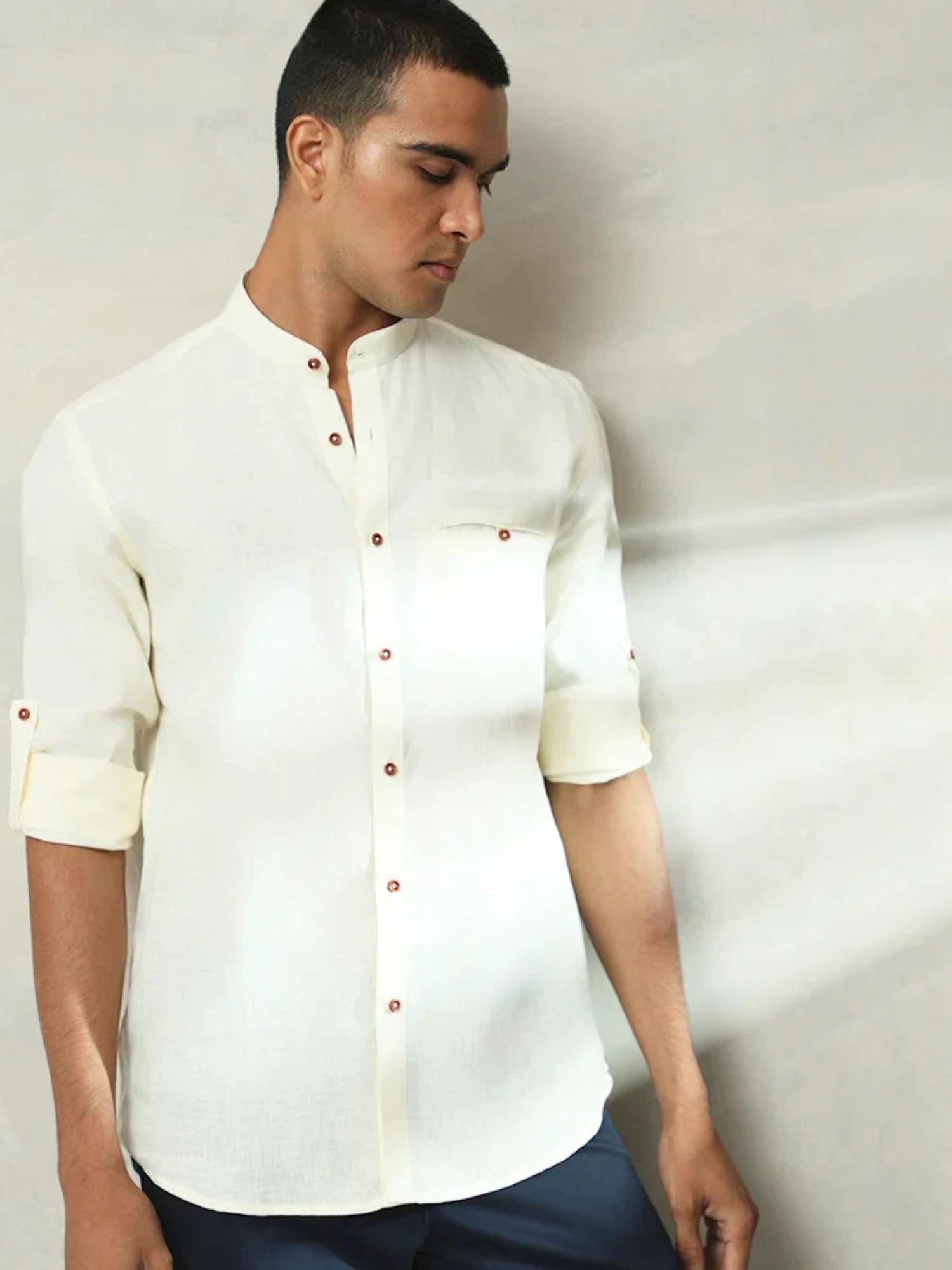 CREAM PLAIN LINEN SLIM FIT SHIRT
