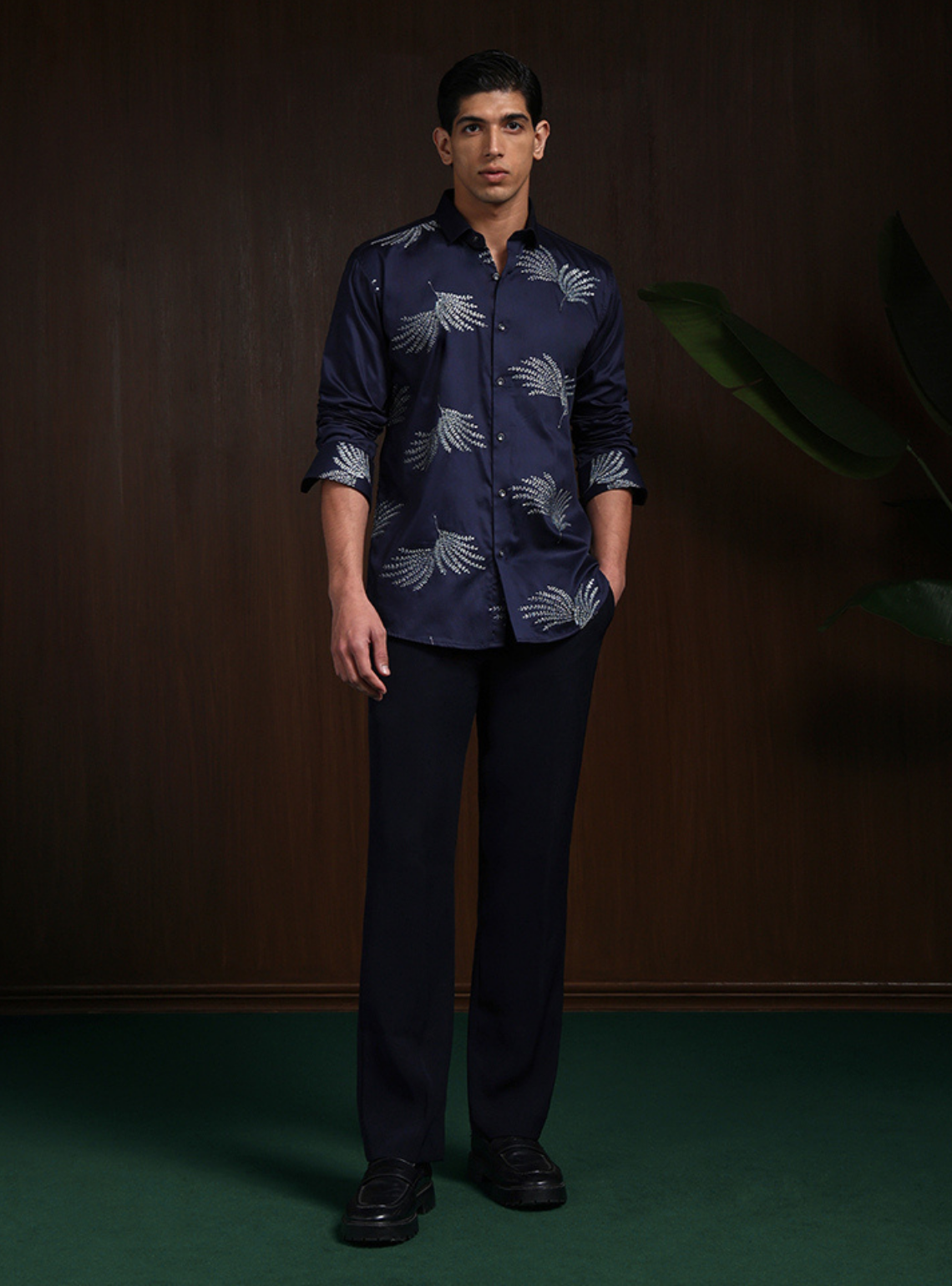 Navy Blue Slim Fit Cotton Shirt with Elegant Embroidery Detailing