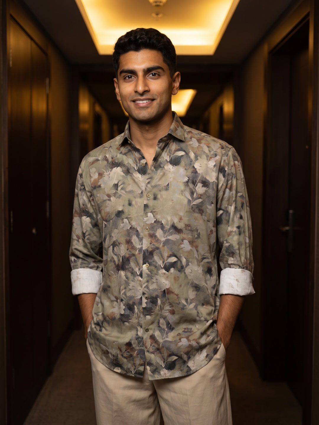 Dark Khaki Tencel Slim Fit Printed Shirt