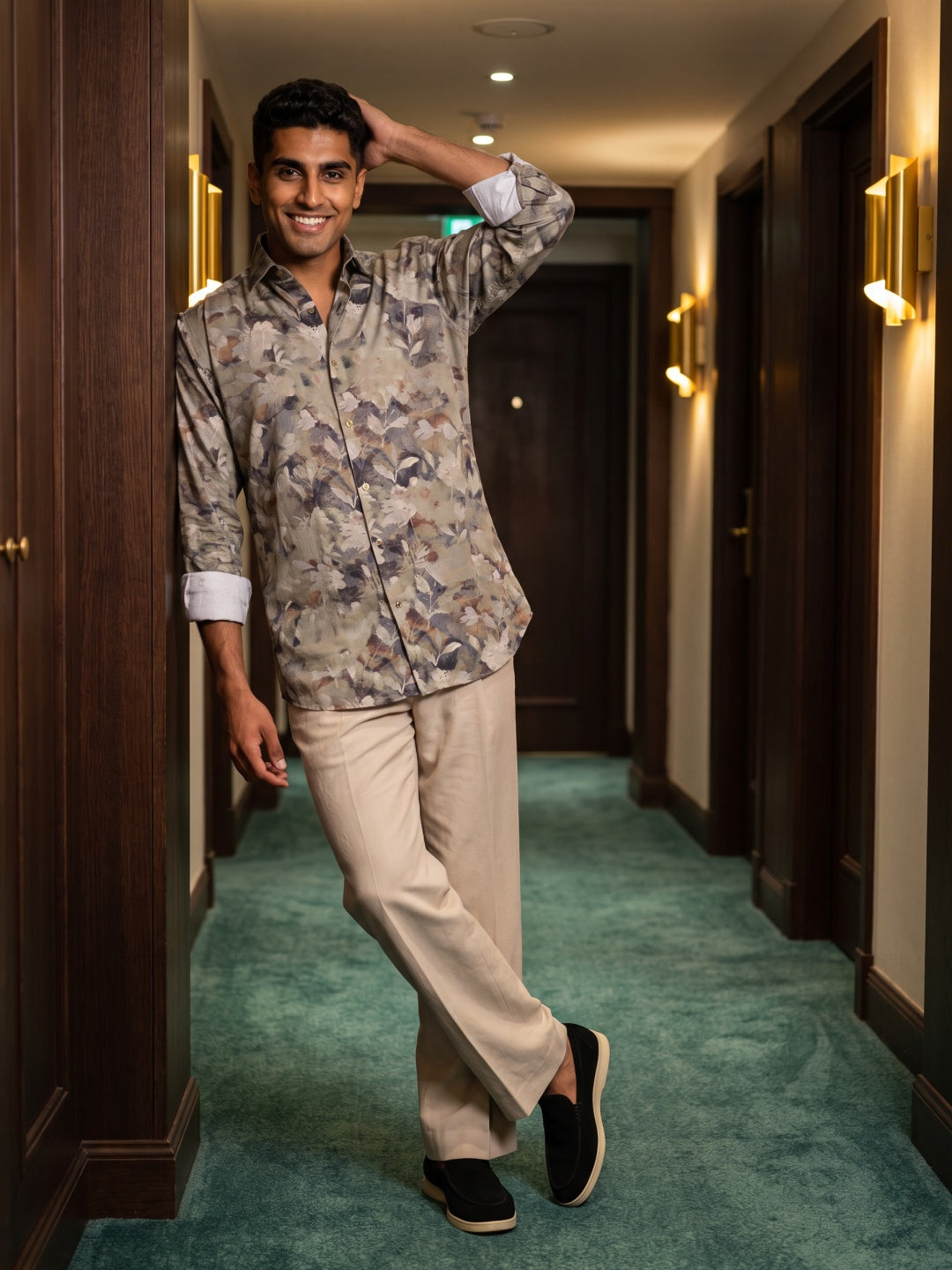 Dark Khaki Tencel Slim Fit Printed Shirt