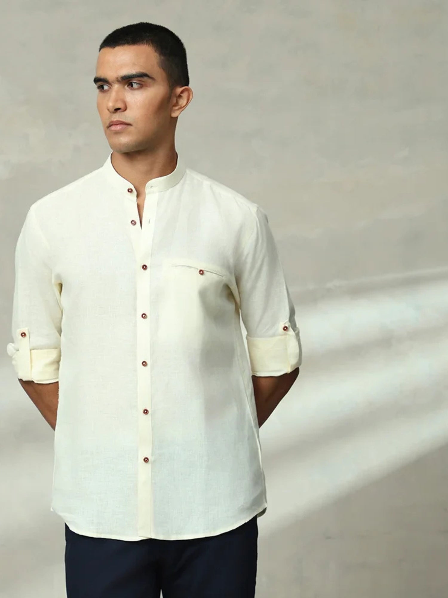 CREAM PLAIN LINEN SLIM FIT SHIRT