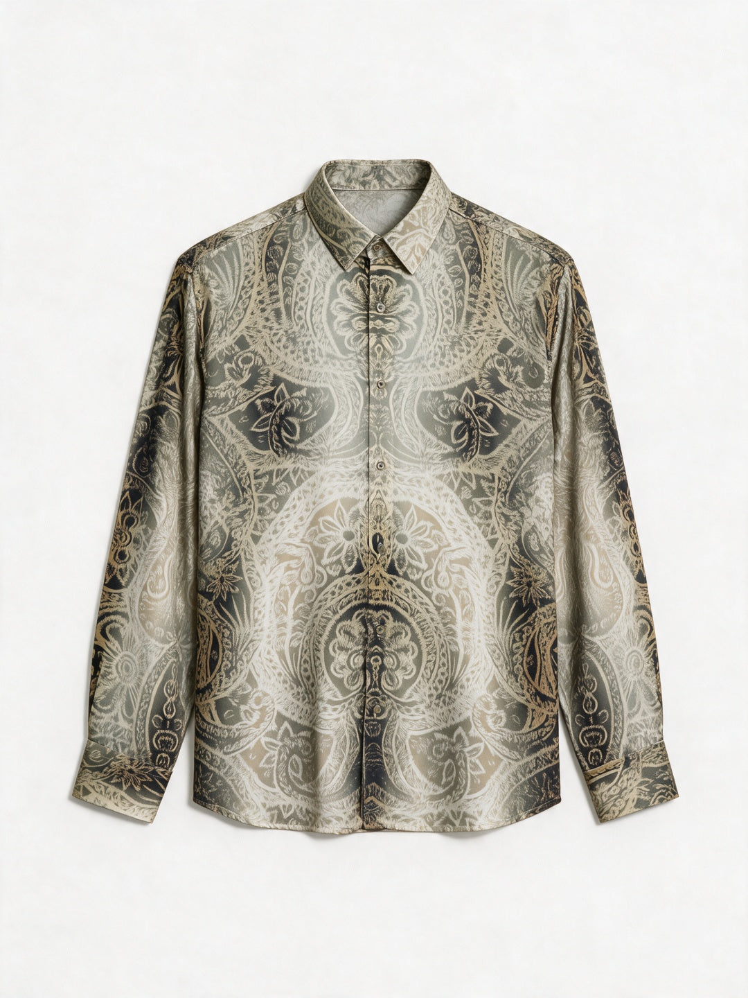 Beige Damask Mandala Design Printed Tencel Slim Fit Shirt