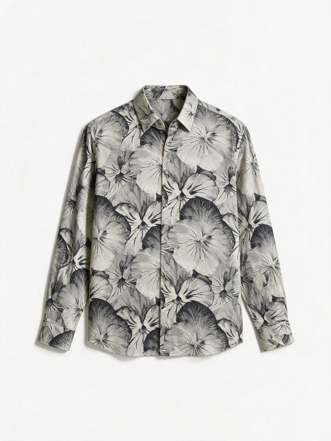 Beige Tencel Slim Fit Shirt with Floral Silhouette Print