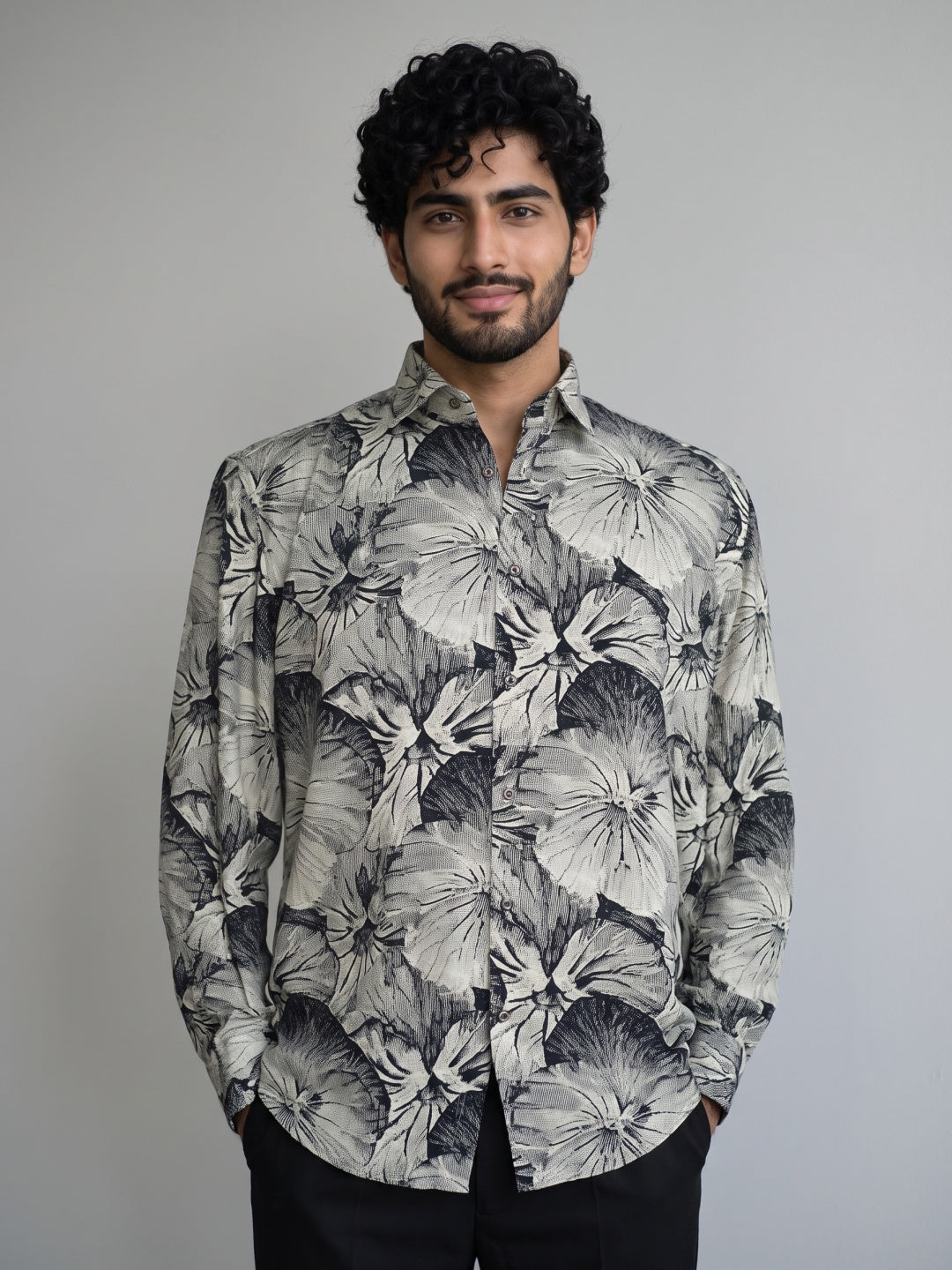 Beige Tencel Slim Fit Shirt with Floral Silhouette Print