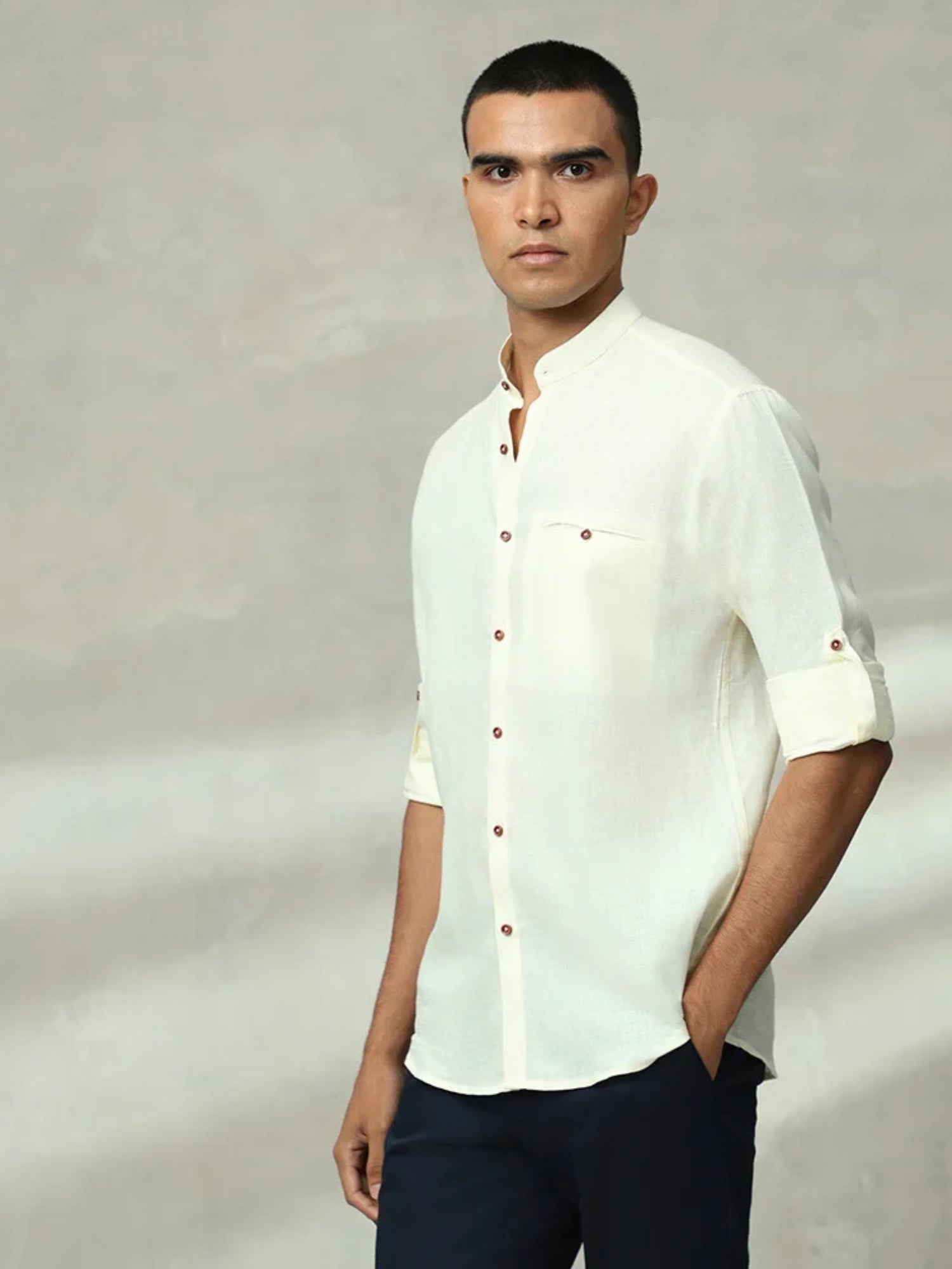 CREAM PLAIN LINEN SLIM FIT SHIRT