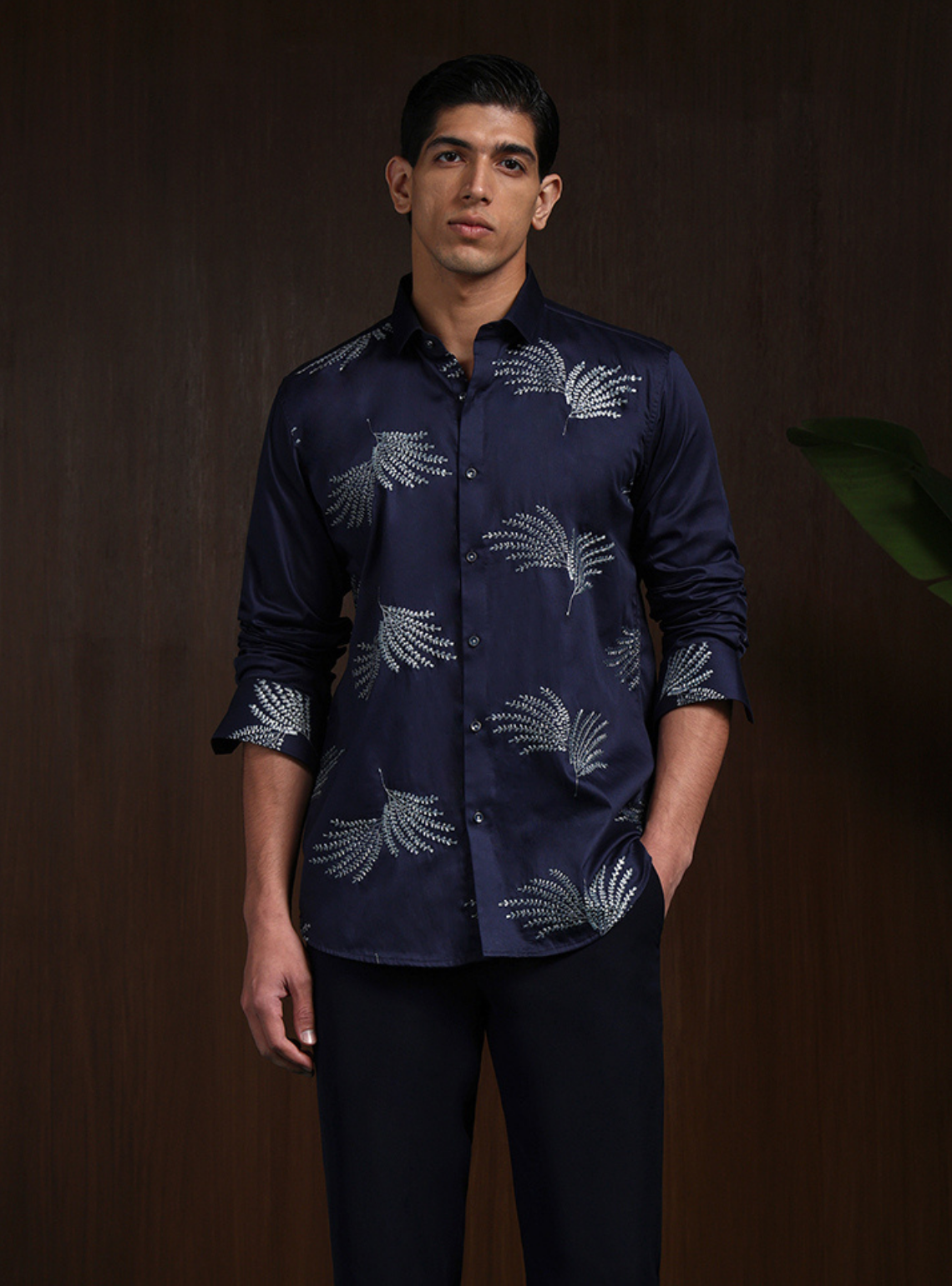 Navy Blue Slim Fit Cotton Shirt with Elegant Embroidery Detailing