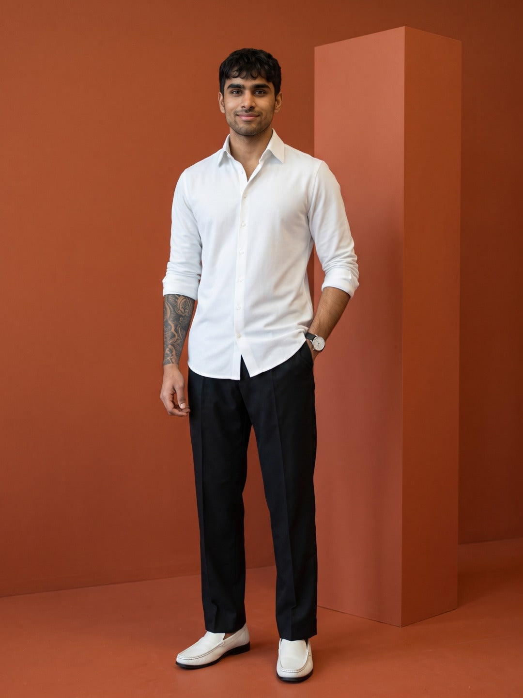 Cream Thai Silk Slim Fit Plain Shirt