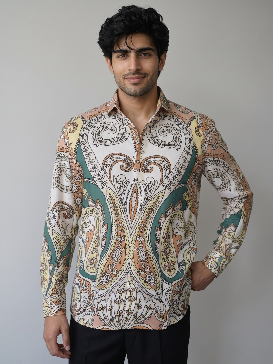 Multicolour Tencel Slim Fit Shirt with Ornate Medallion Print