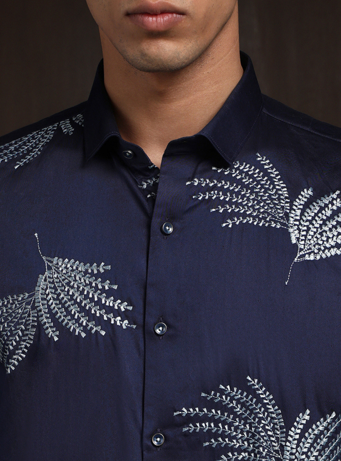 Navy Blue Slim Fit Cotton Shirt with Elegant Embroidery Detailing