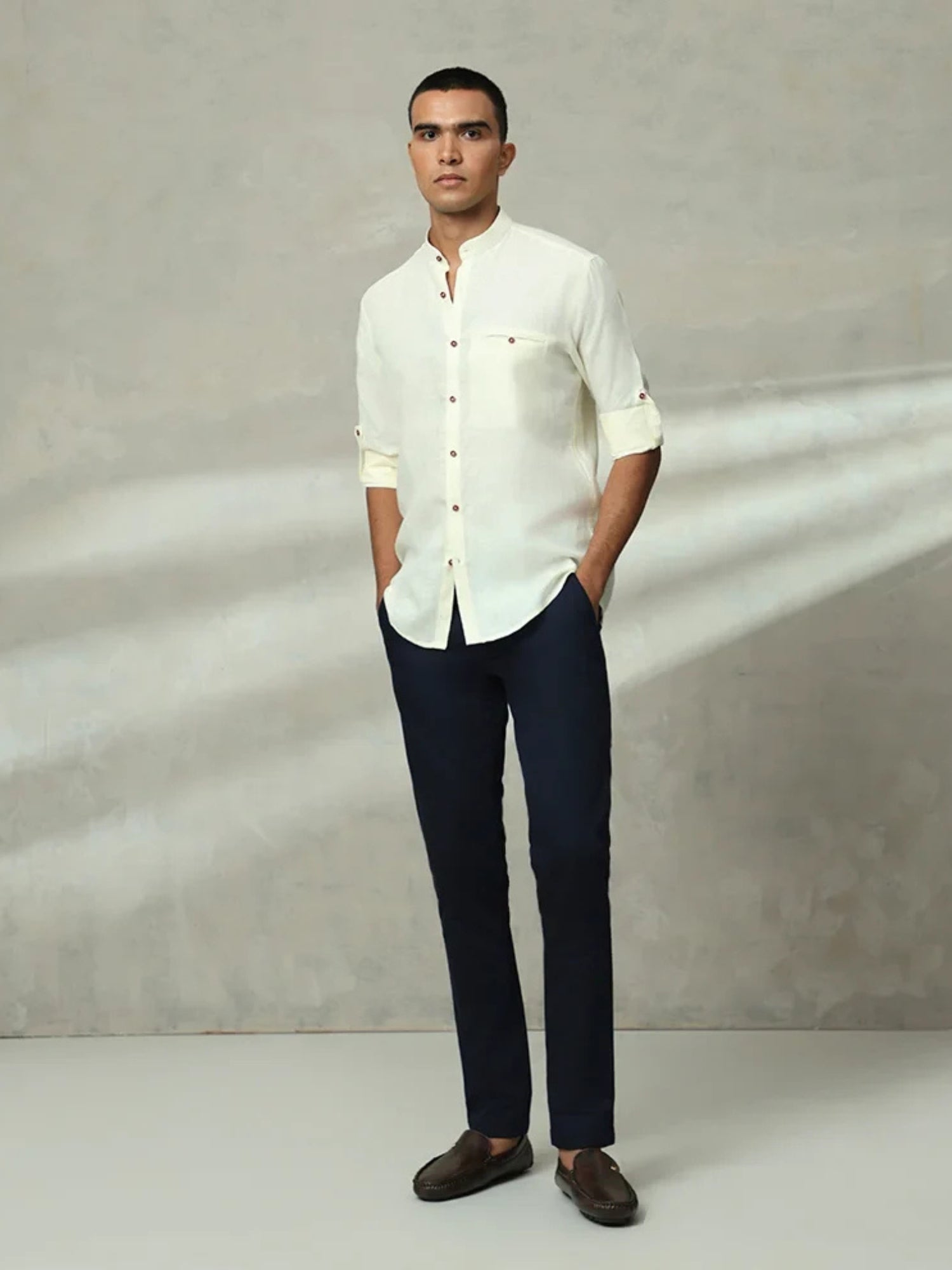 CREAM PLAIN LINEN SLIM FIT SHIRT