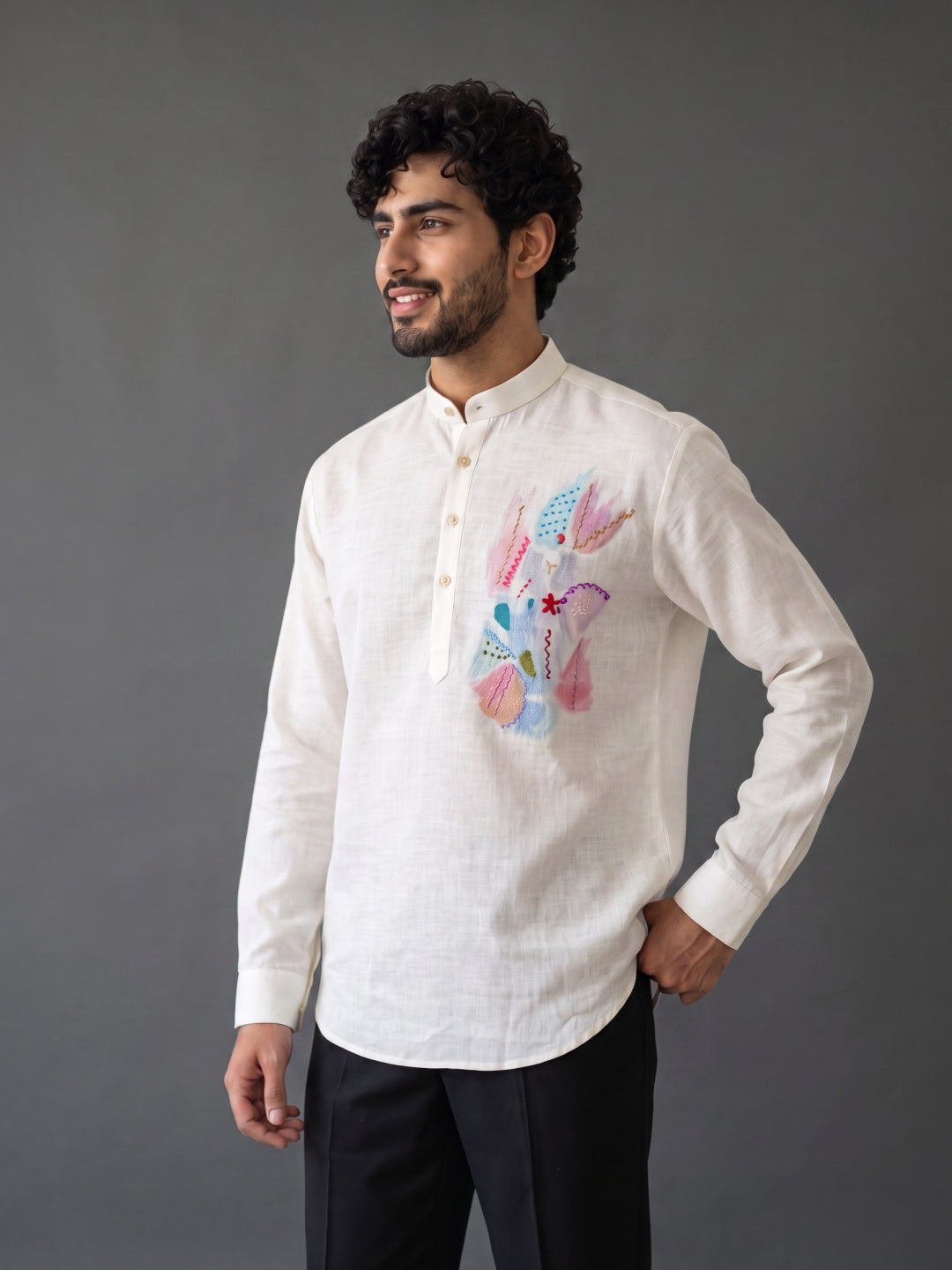 Cream Linen Regular Fit Shirt with Hand Print & Hand Work