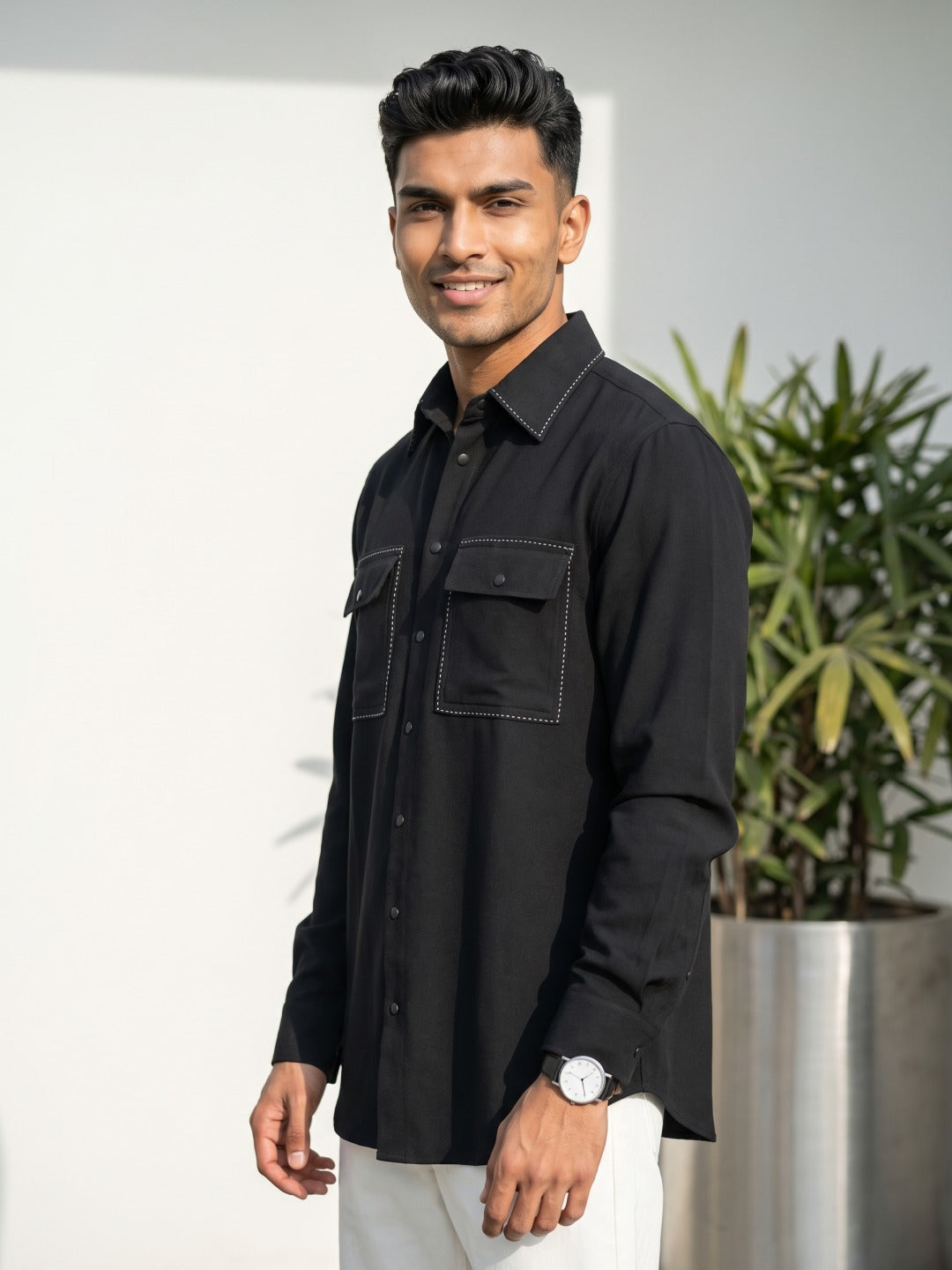 Black Crepe-Tejin Slim Fit Cut & Sew Shirt with Twin Flap Pockets