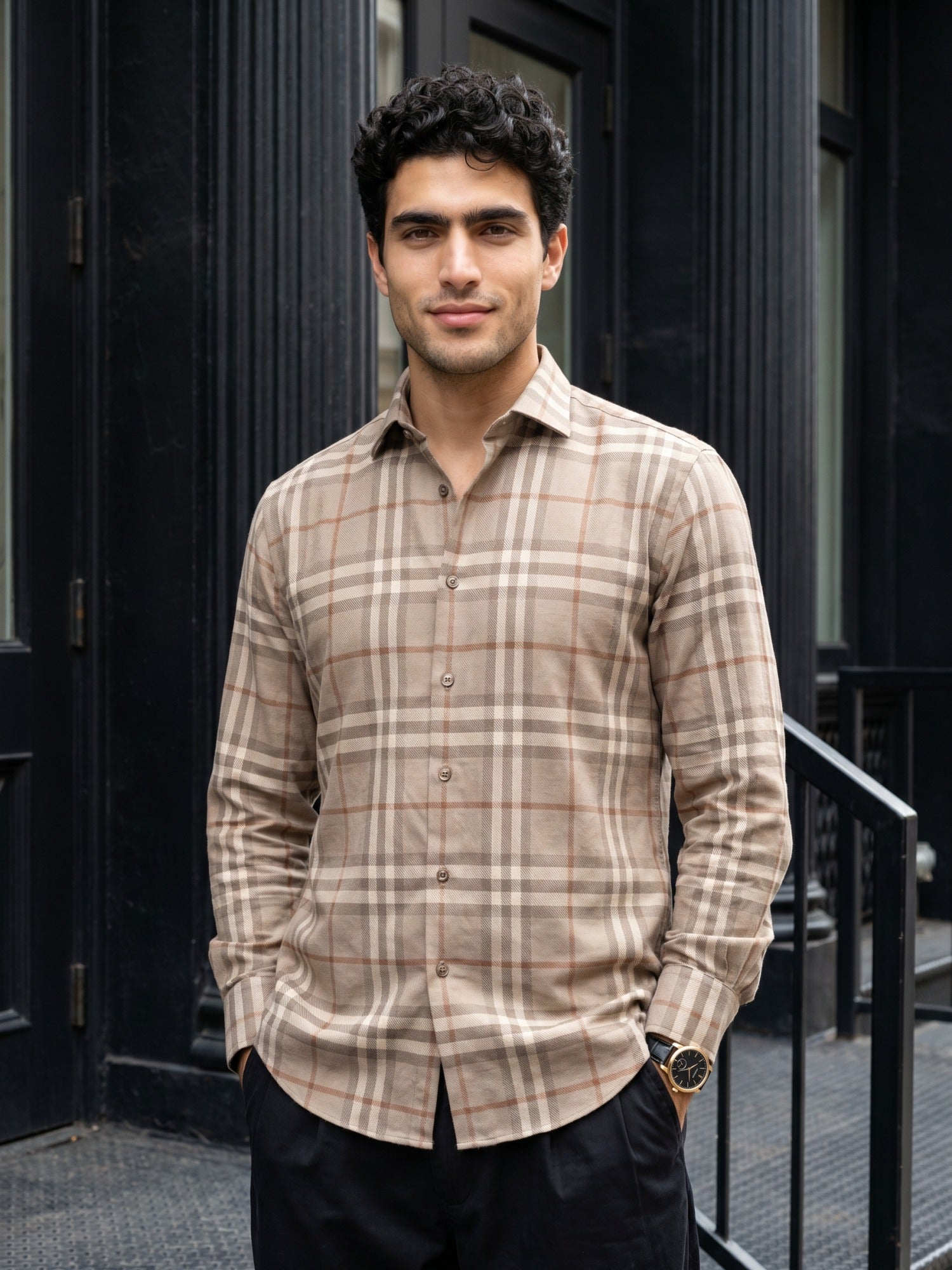 Grey Checks Cotton Slim Fit Shirt For Men