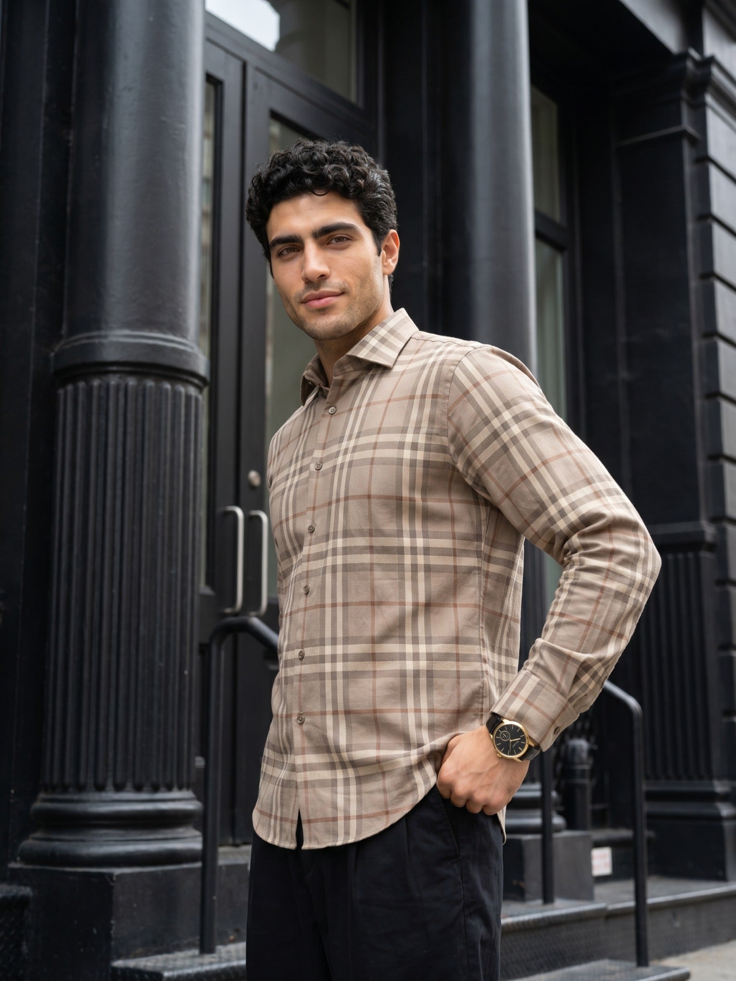 Grey Checks Cotton Slim Fit Shirt For Men