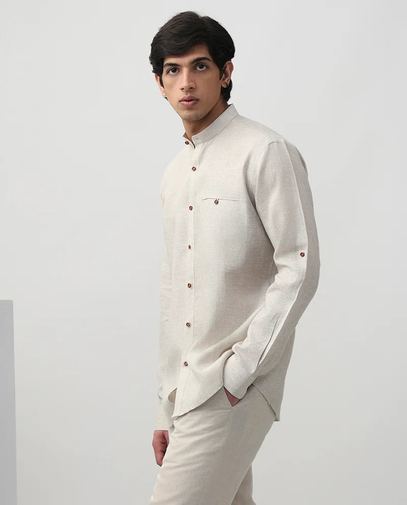 Natural Plain Linen Men's Premium Chinese Collar Branded Shirt