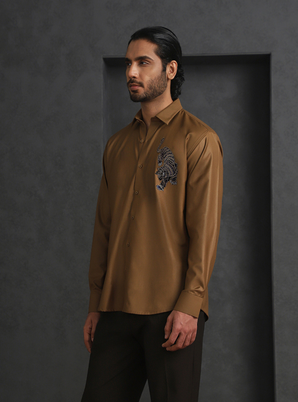 Light Brown Slim Fit Terry Rayon Shirt with Elegant Embroidery
