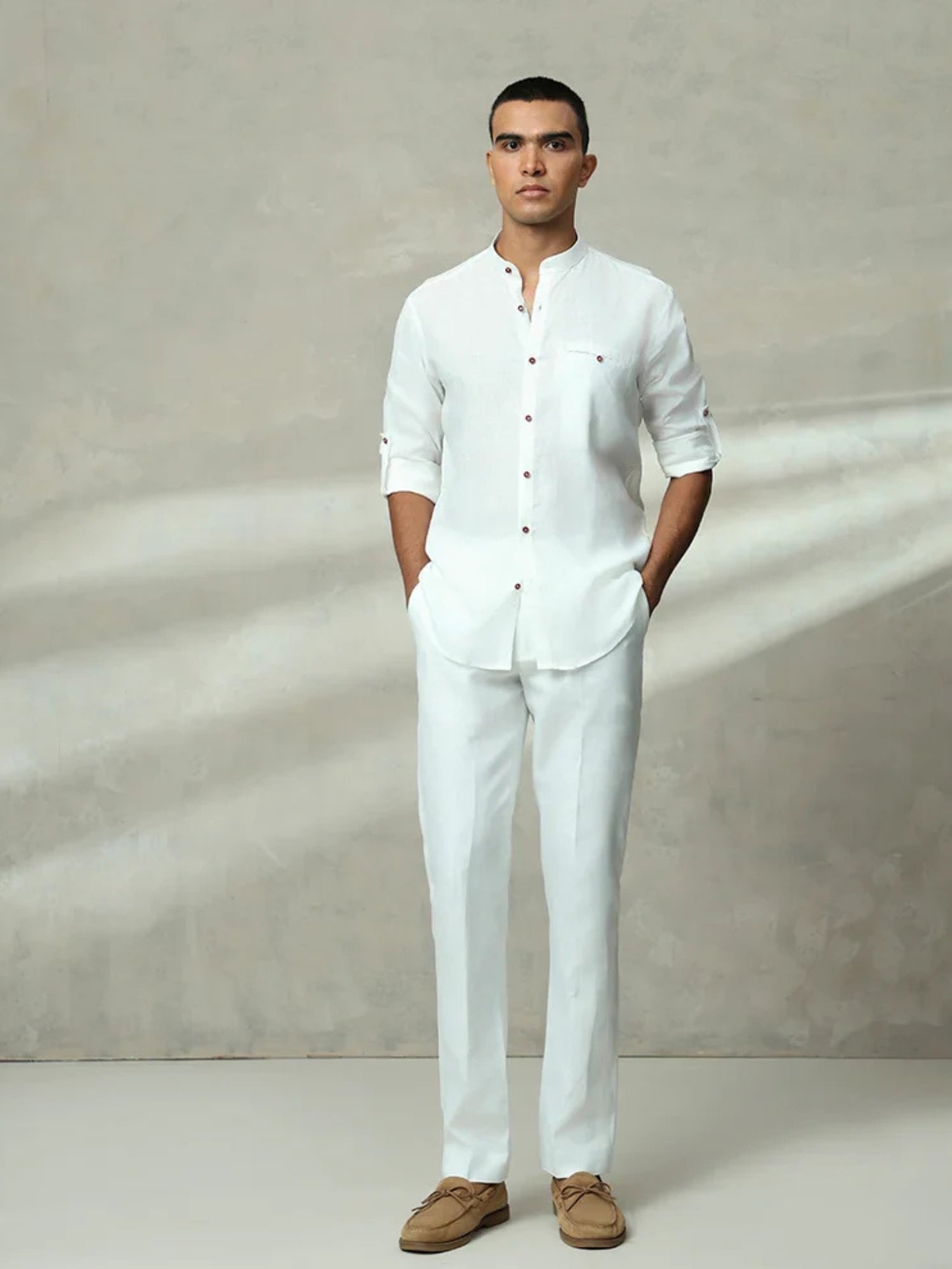 White Plain Chinese Collar Linen Slim Fit Shirt