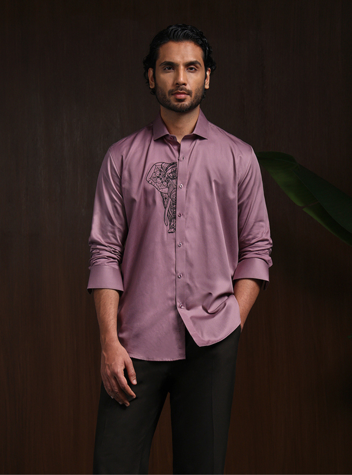 Dark Onion Slim Fit Cotton Shirt with Elegant Embroidery Accents