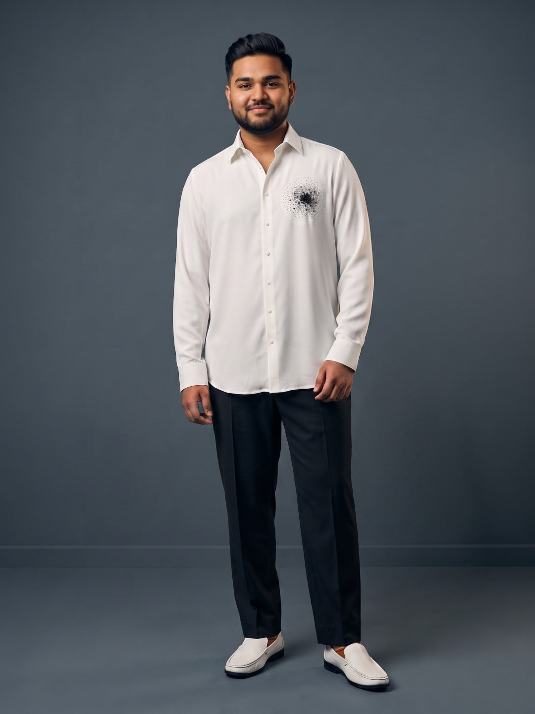 White Indonesian-Popstar Slim Fit Shirt with Radial Starburst Hand Work