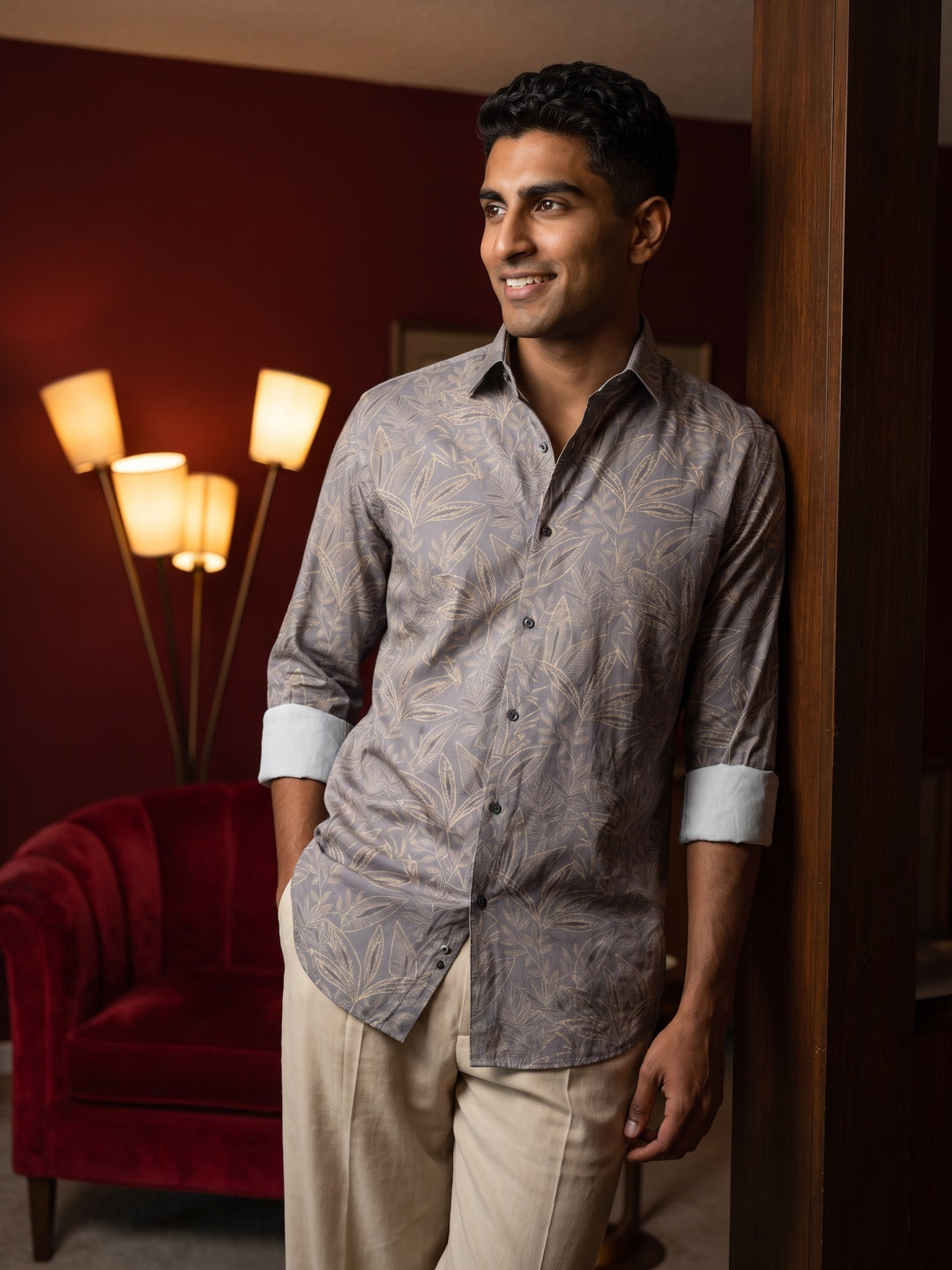 Light Grey Poly Lycra Slim Fit Printed Shirt