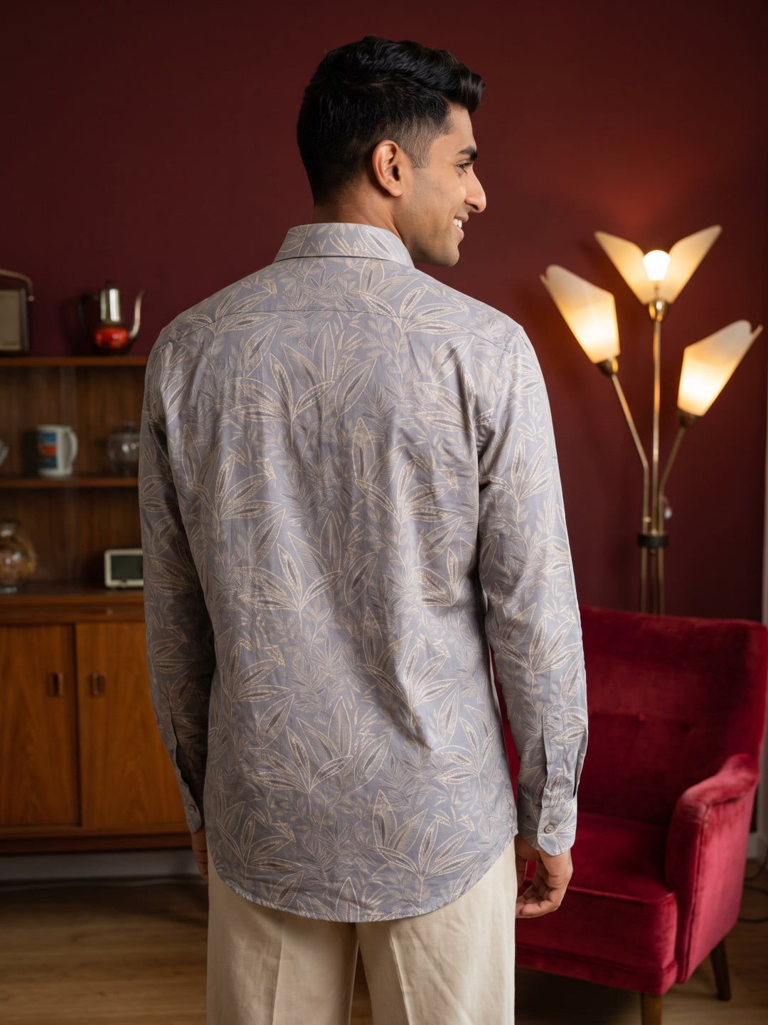 Light Grey Poly Lycra Slim Fit Printed Shirt
