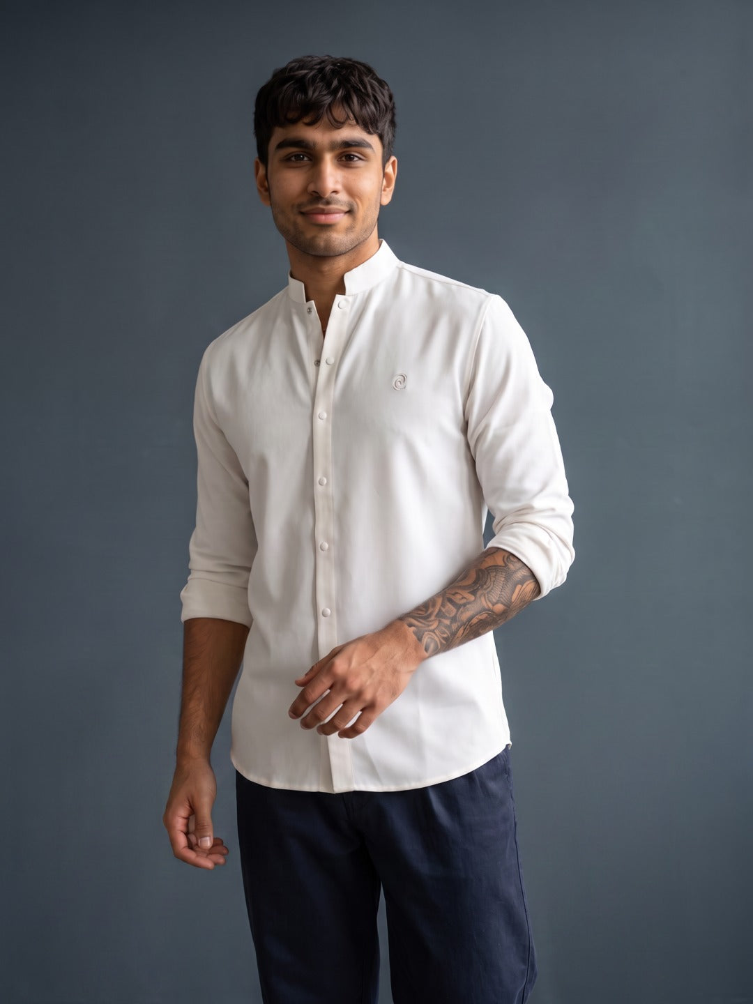Cream Japanese-Boomariyo Slim Fit Shirt with Chinese Collar, Plain/Embroidery
