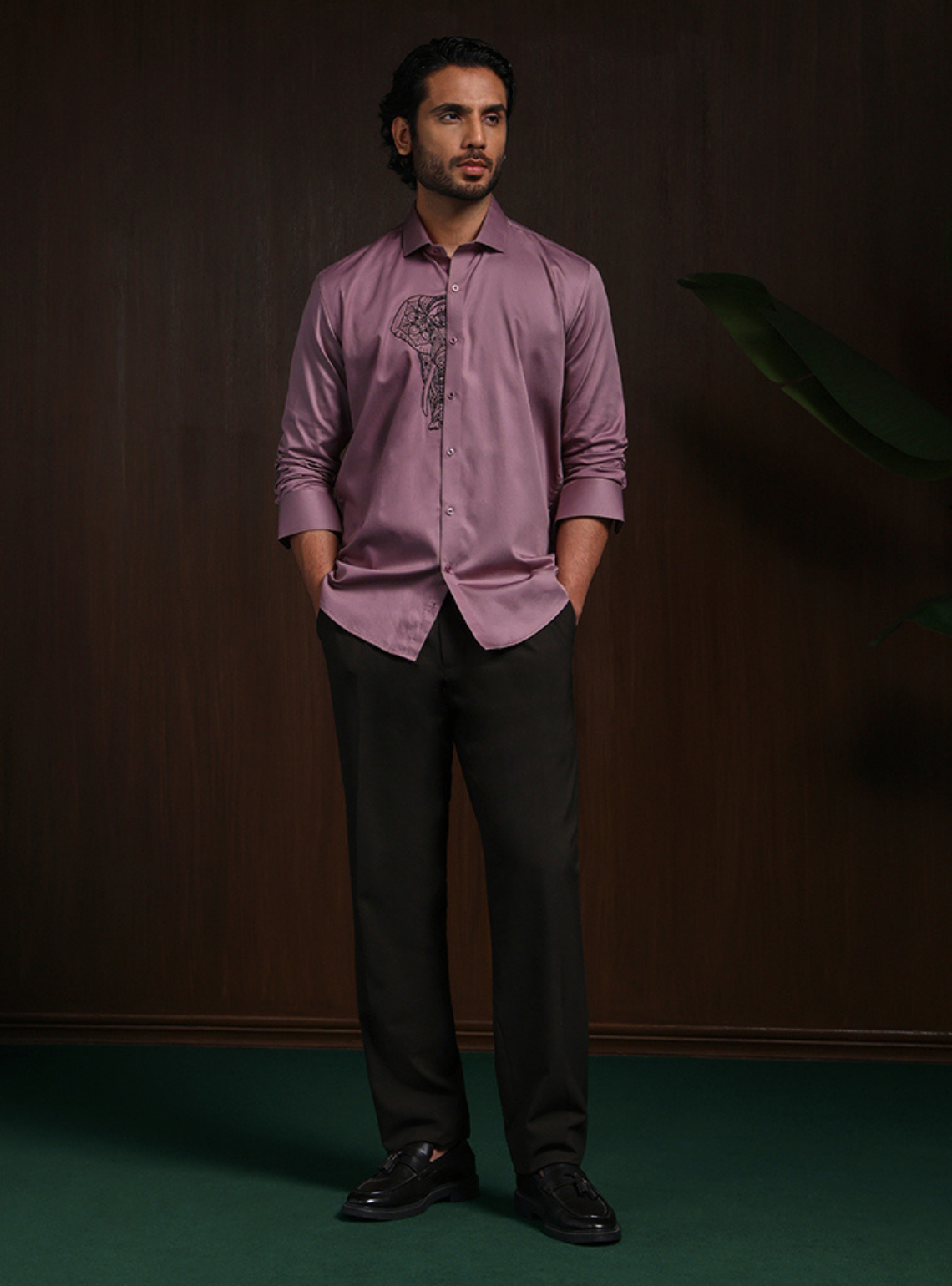 Dark Onion Slim Fit Cotton Shirt with Elegant Embroidery Accents