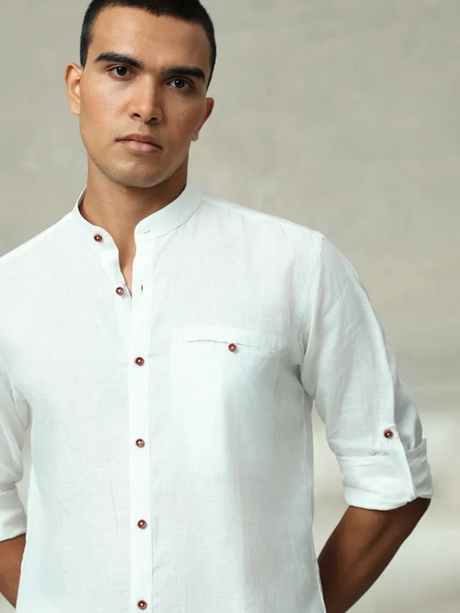 White Plain Chinese Collar Linen Slim Fit Shirt